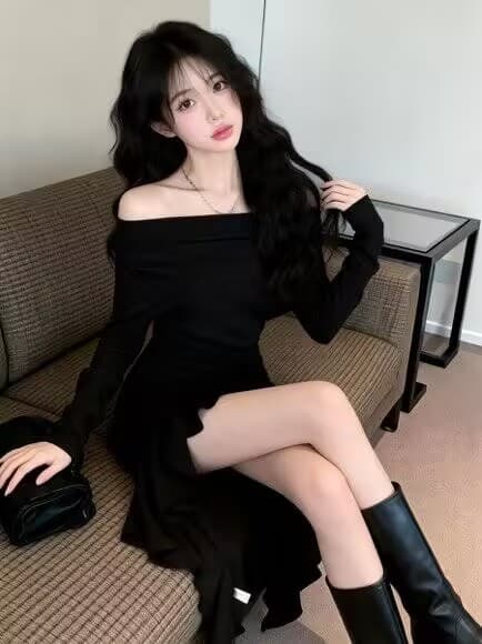 실사 새로운 핫걸 오프숄더 불규칙 디자인 섹시함 허리 수축 슬림해 보이는 아름다운 드레스 경기 체인 상세 이미지 2