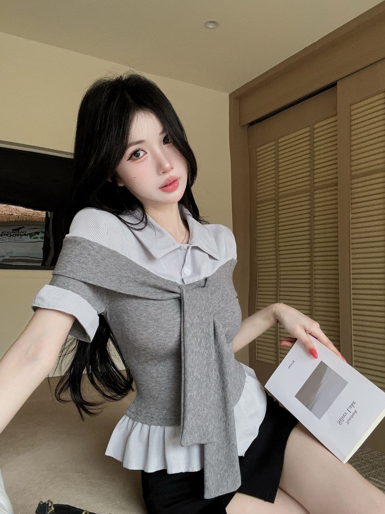 실사 새로운 한 부서 학원 스타일 폴로 칼라 페이크 레이어드 반팔 여성 셔츠 품격 연령 감소 맨위 티셔츠 상세 이미지 16