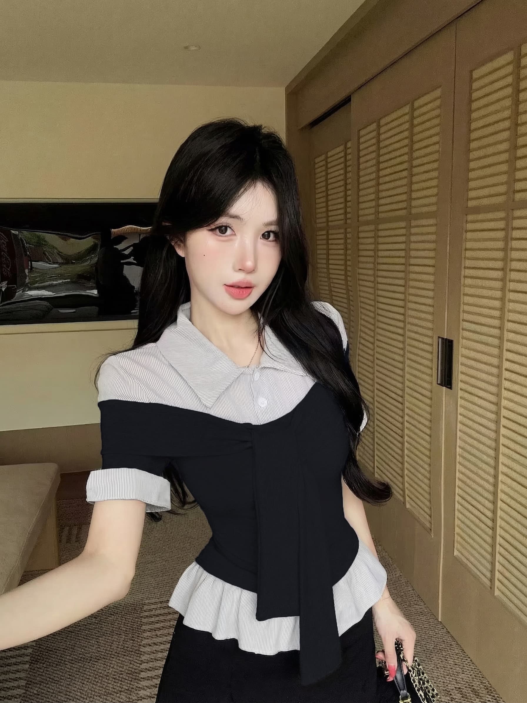실사 새로운 한 부서 학원 스타일 폴로 칼라 페이크 레이어드 반팔 여성 셔츠 품격 연령 감소 맨위 티셔츠 이미지 4