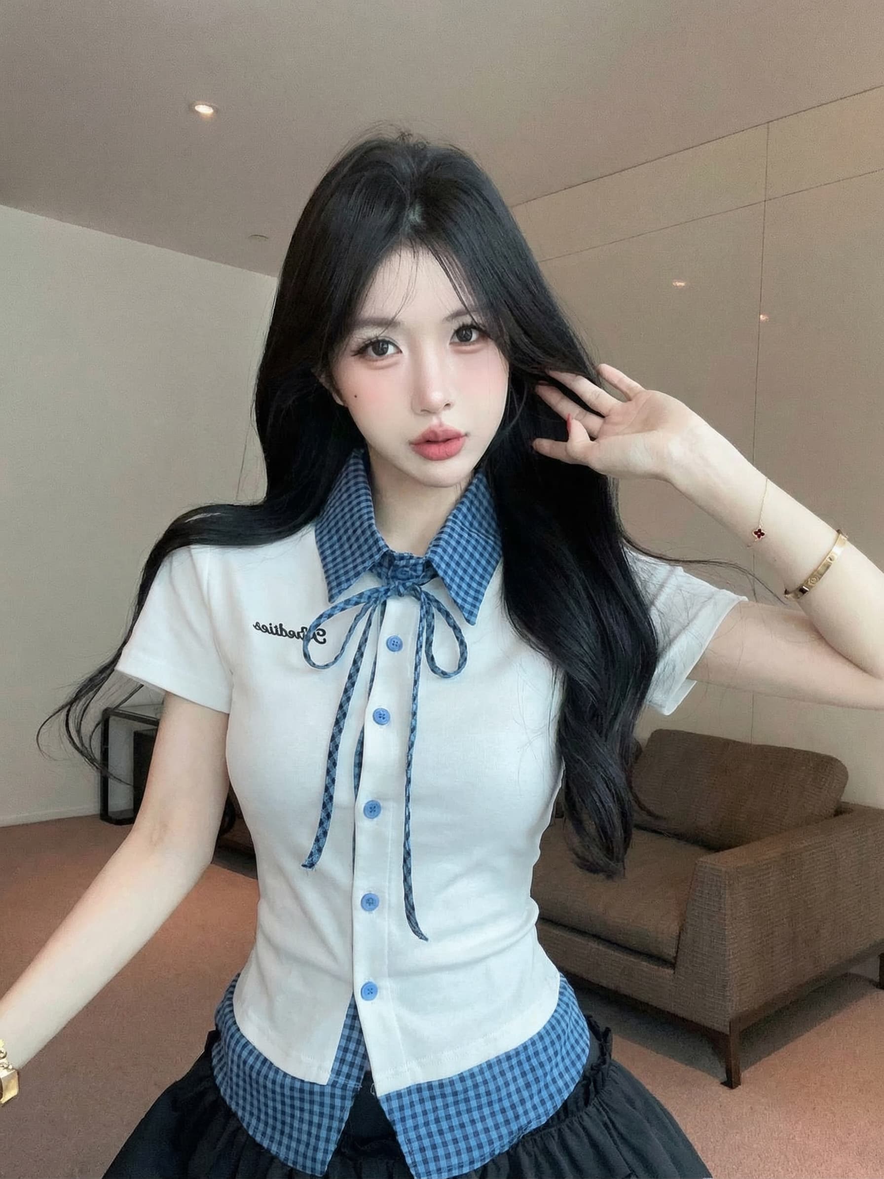 실사 새로운 레트로 체크무늬 페이크 레이어드 POLO 칼라 반팔 패치워크 티셔츠 맨위 여성 상세 이미지 1