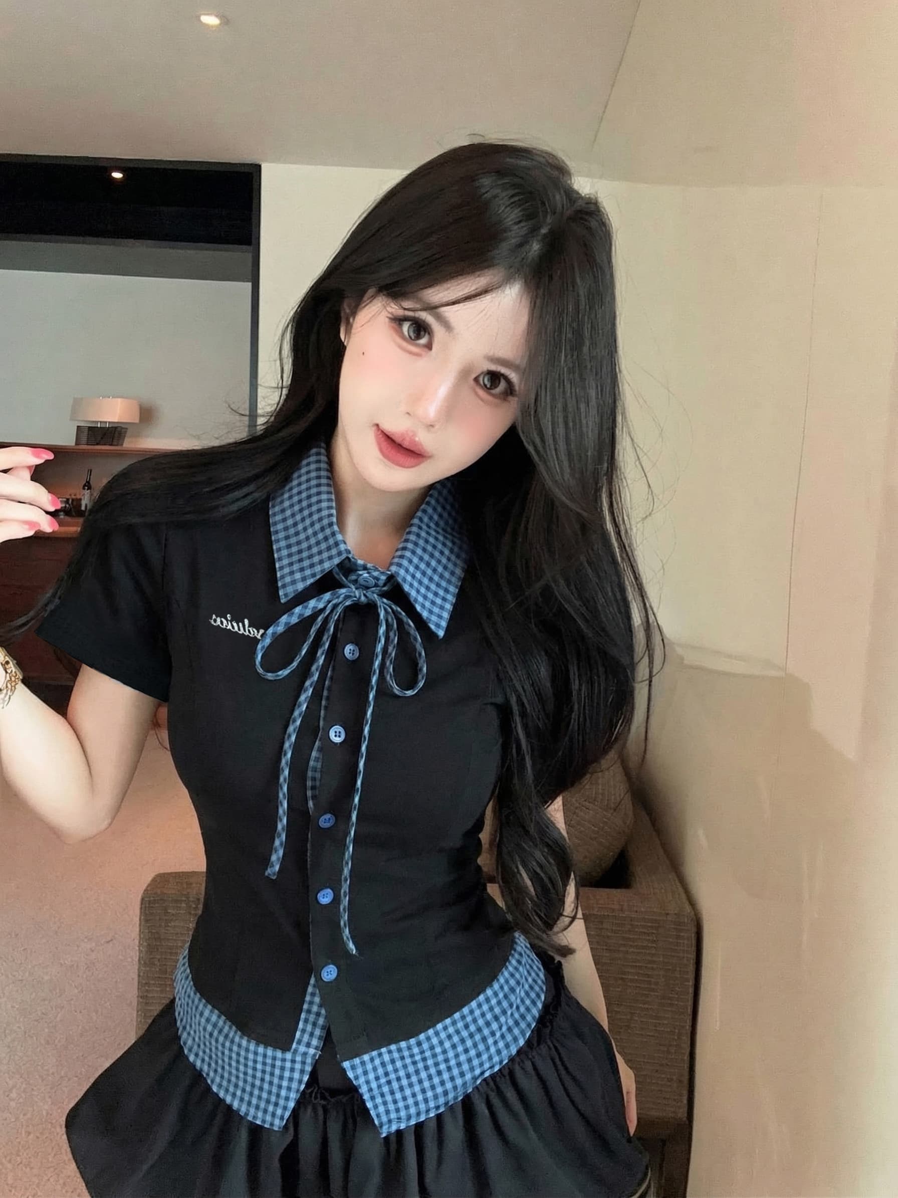 실사 새로운 레트로 체크무늬 페이크 레이어드 POLO 칼라 반팔 패치워크 티셔츠 맨위 여성 상세 이미지 10