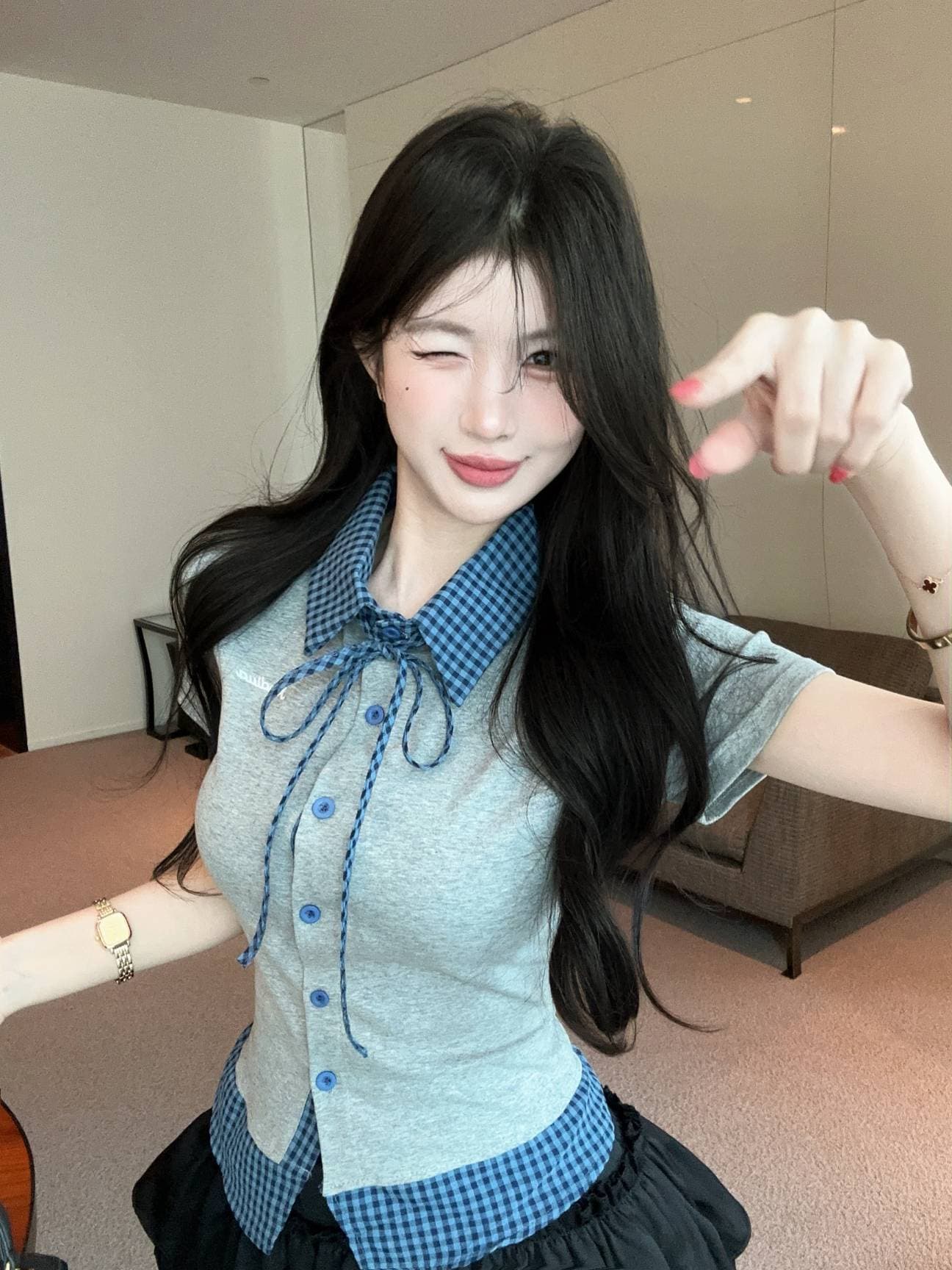실사 새로운 레트로 체크무늬 페이크 레이어드 POLO 칼라 반팔 패치워크 티셔츠 맨위 여성 상세 이미지 17