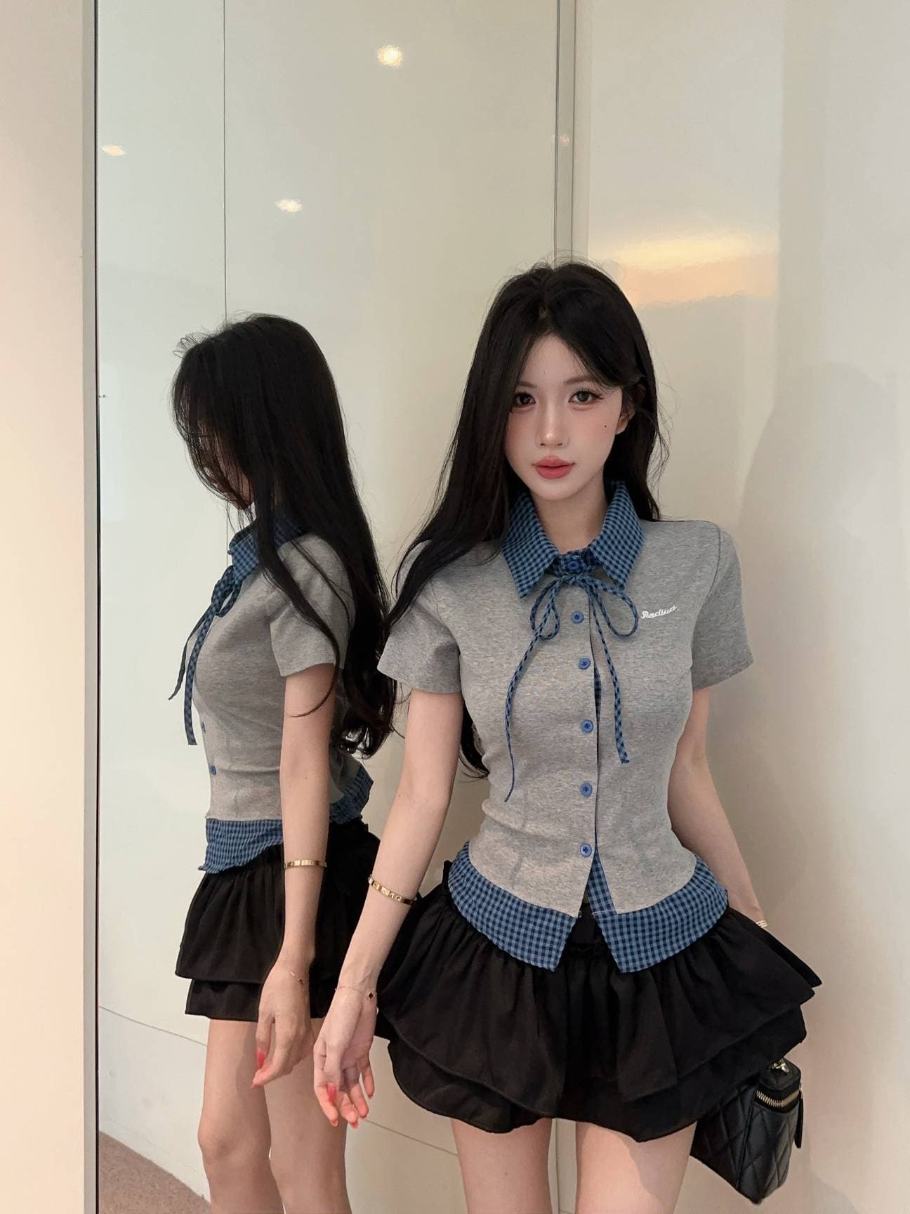 실사 새로운 레트로 체크무늬 페이크 레이어드 POLO 칼라 반팔 패치워크 티셔츠 맨위 여성 상세 이미지 22