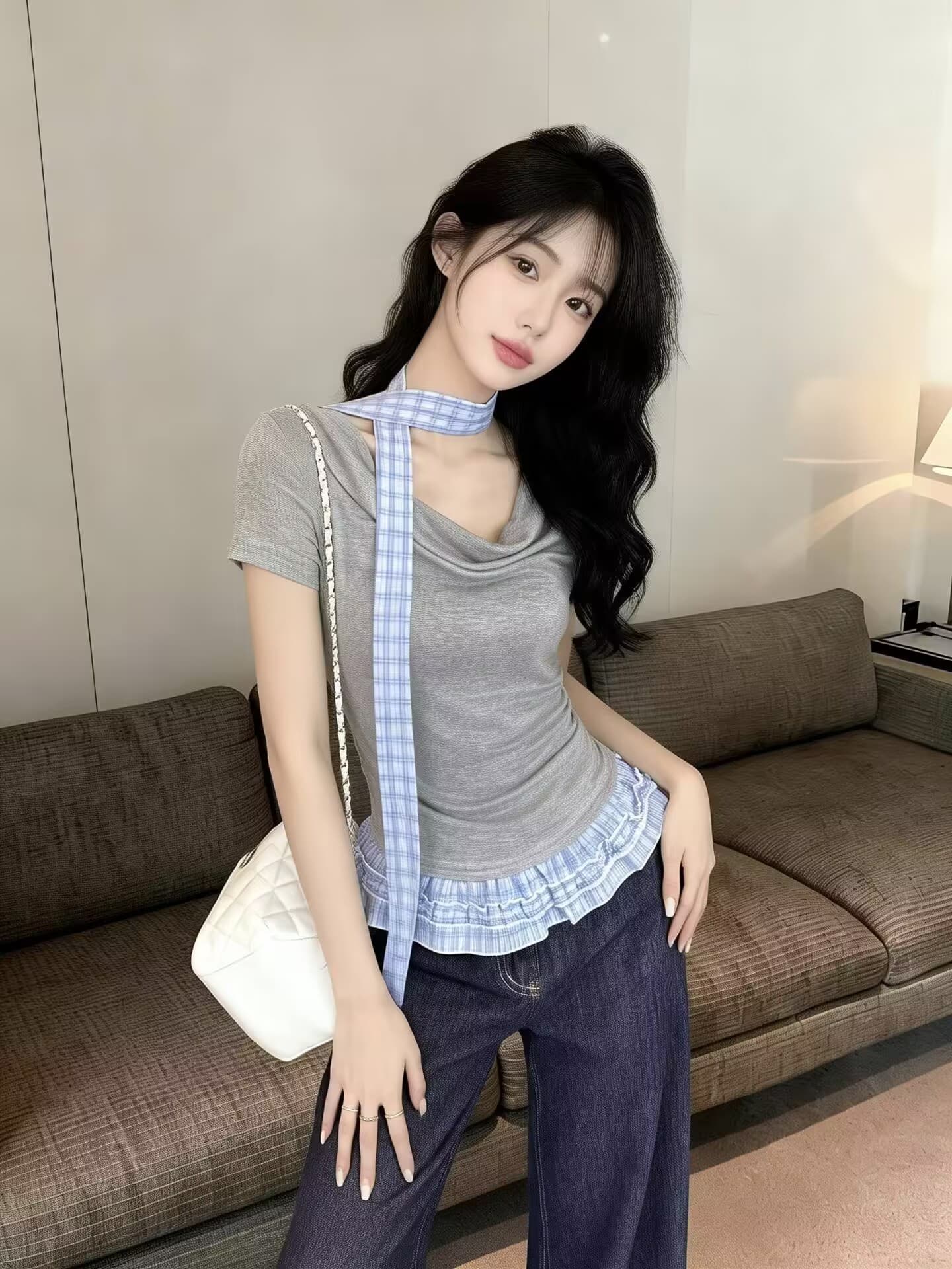 실사 새로운 디자인 센스 비스듬한 어깨 흔들다 칼라 반팔 티셔츠 여성 리본 슬림해 보이는 페이크 레이어드 맨위 상세 이미지 7