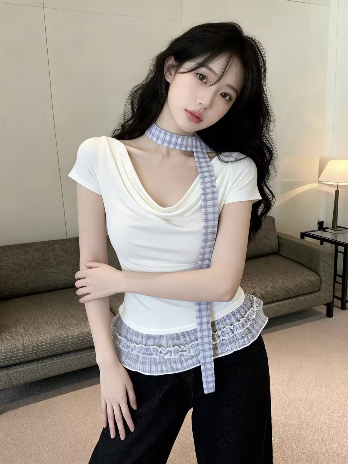 실사 새로운 디자인 센스 비스듬한 어깨 흔들다 칼라 반팔 티셔츠 여성 리본 슬림해 보이는 페이크 레이어드 맨위 이미지 2
