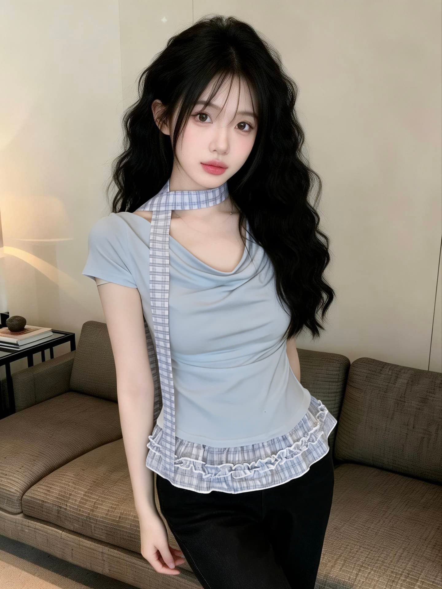 실사 새로운 디자인 센스 비스듬한 어깨 흔들다 칼라 반팔 티셔츠 여성 리본 슬림해 보이는 페이크 레이어드 맨위 상세 이미지 4
