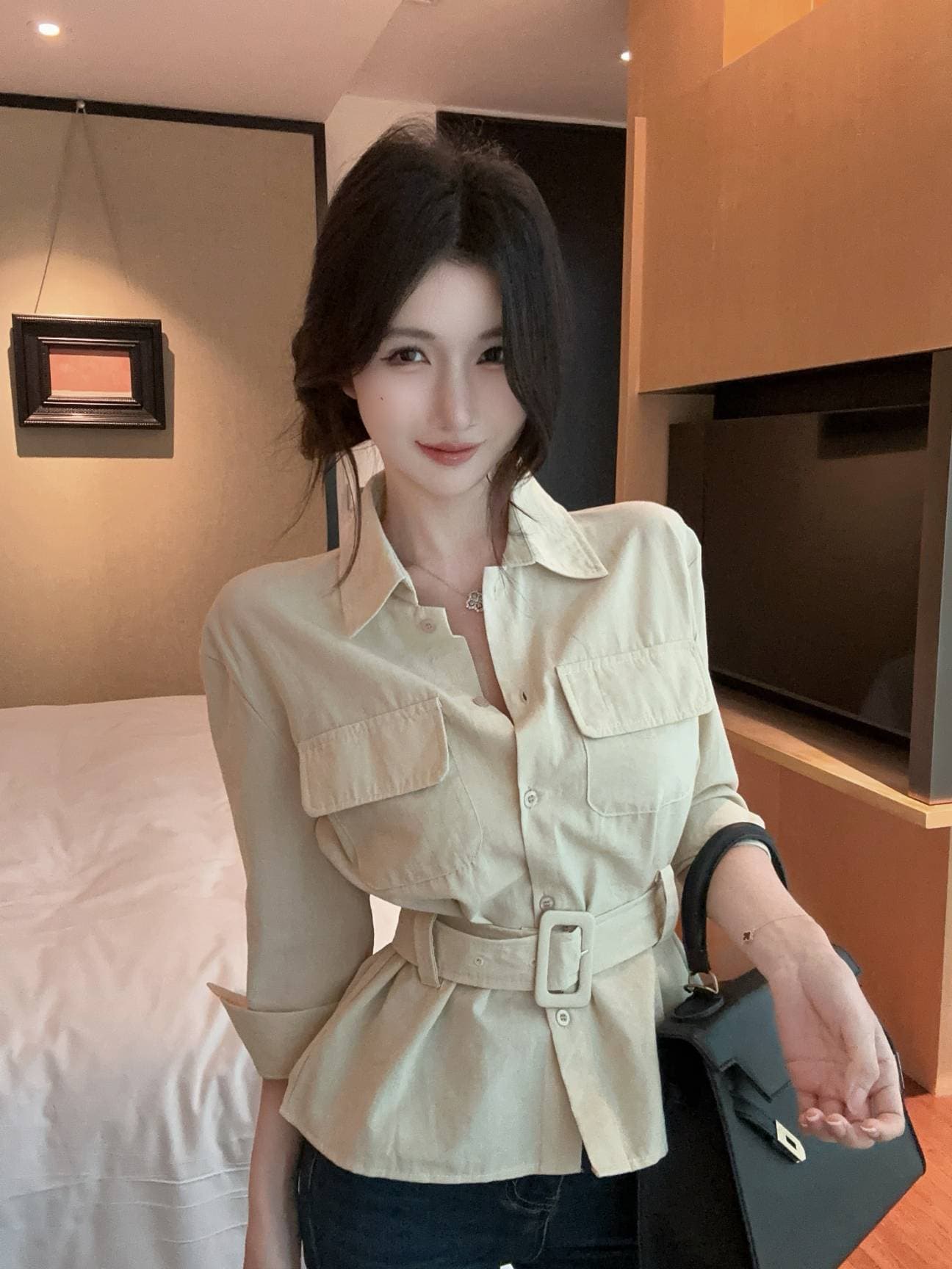 실사 새로운 순수한 욕망 핫걸 무거운 작업 디자인 센스 더블 주머니 장식 여성 셔츠 벨트 포함 상세 이미지 8