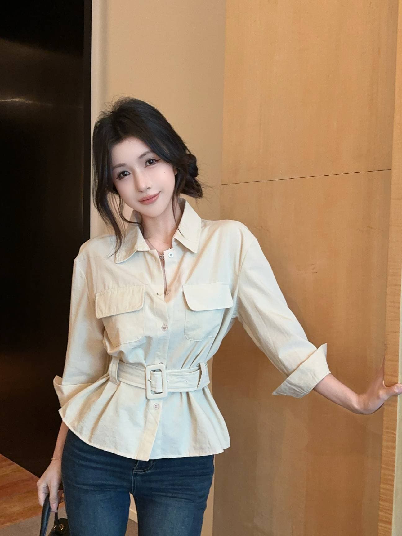 실사 새로운 순수한 욕망 핫걸 무거운 작업 디자인 센스 더블 주머니 장식 여성 셔츠 벨트 포함 이미지 2
