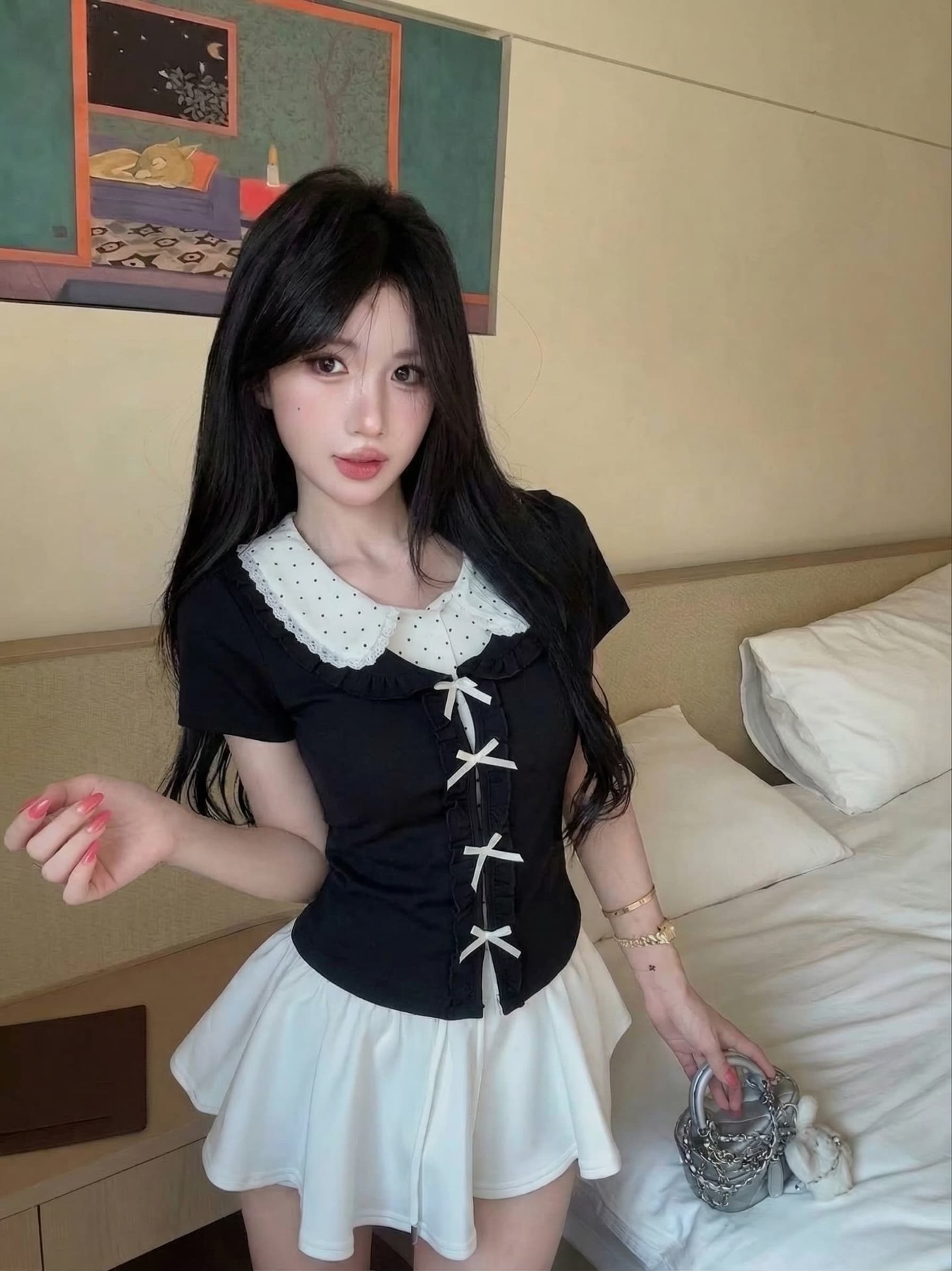 실사 새로운 순수한 욕망 달콤함 도트 무늬 작은 대중 디자인 센스 페이크 레이어드 쇼트 스타일 레이스 나비 매듭 맨위 여성 상세 이미지 4