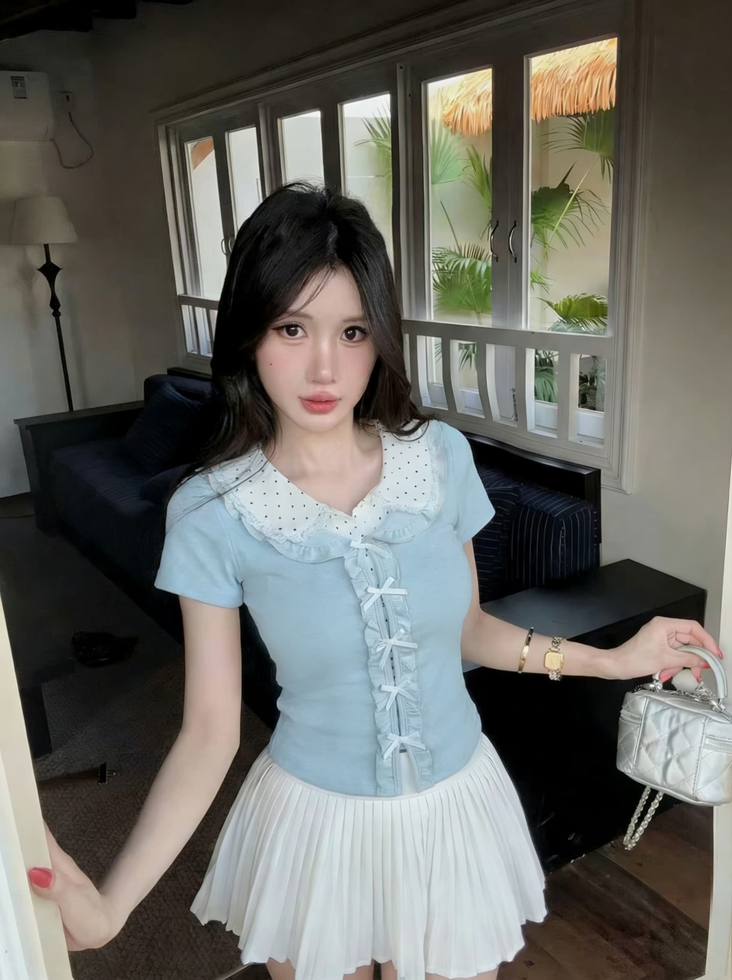 실사 새로운 순수한 욕망 달콤함 도트 무늬 작은 대중 디자인 센스 페이크 레이어드 쇼트 스타일 레이스 나비 매듭 맨위 여성 상세 이미지 10