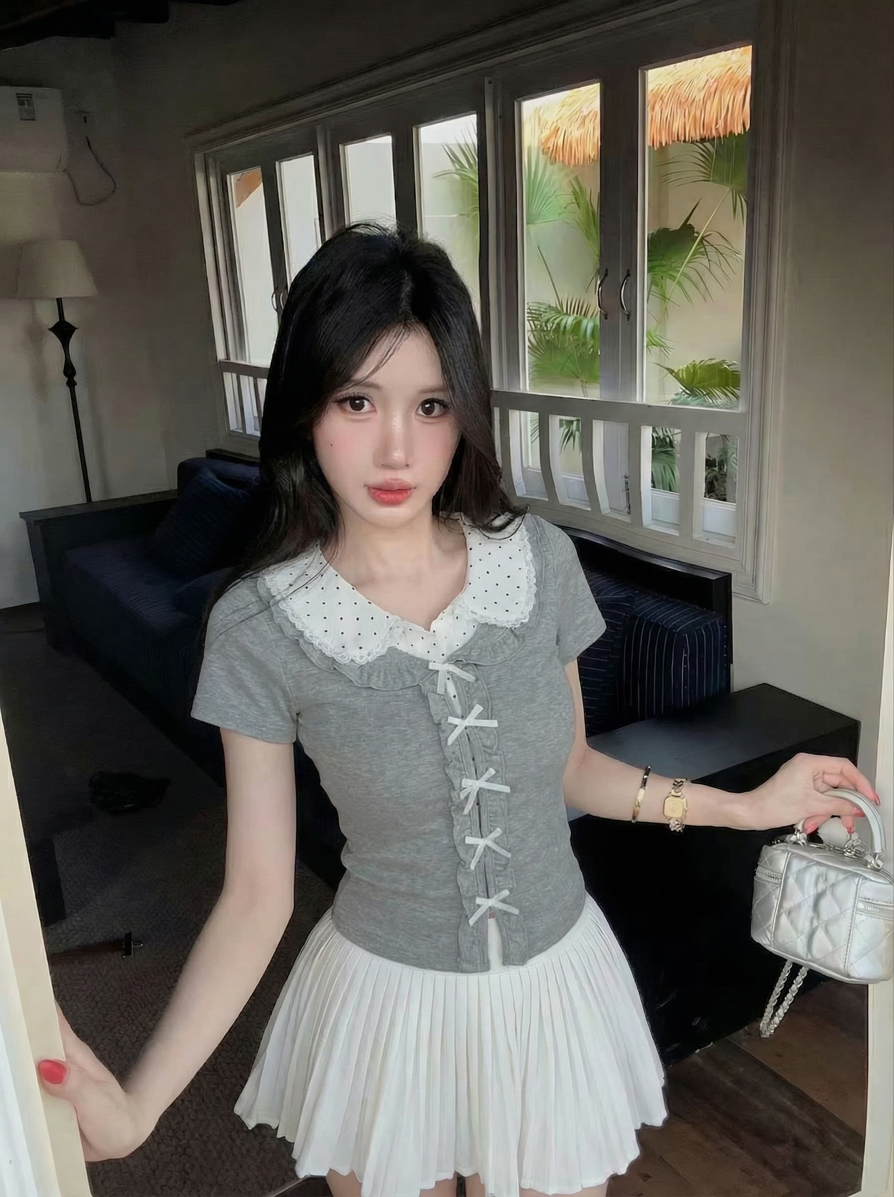 실사 새로운 학원 스타일 디자인 센스 페이크 레이어드 반팔 티셔츠 여성 몸매 가꾸기 쇼트 스타일 꽃무늬 베이비 칼라 맨위 상세 이미지 6