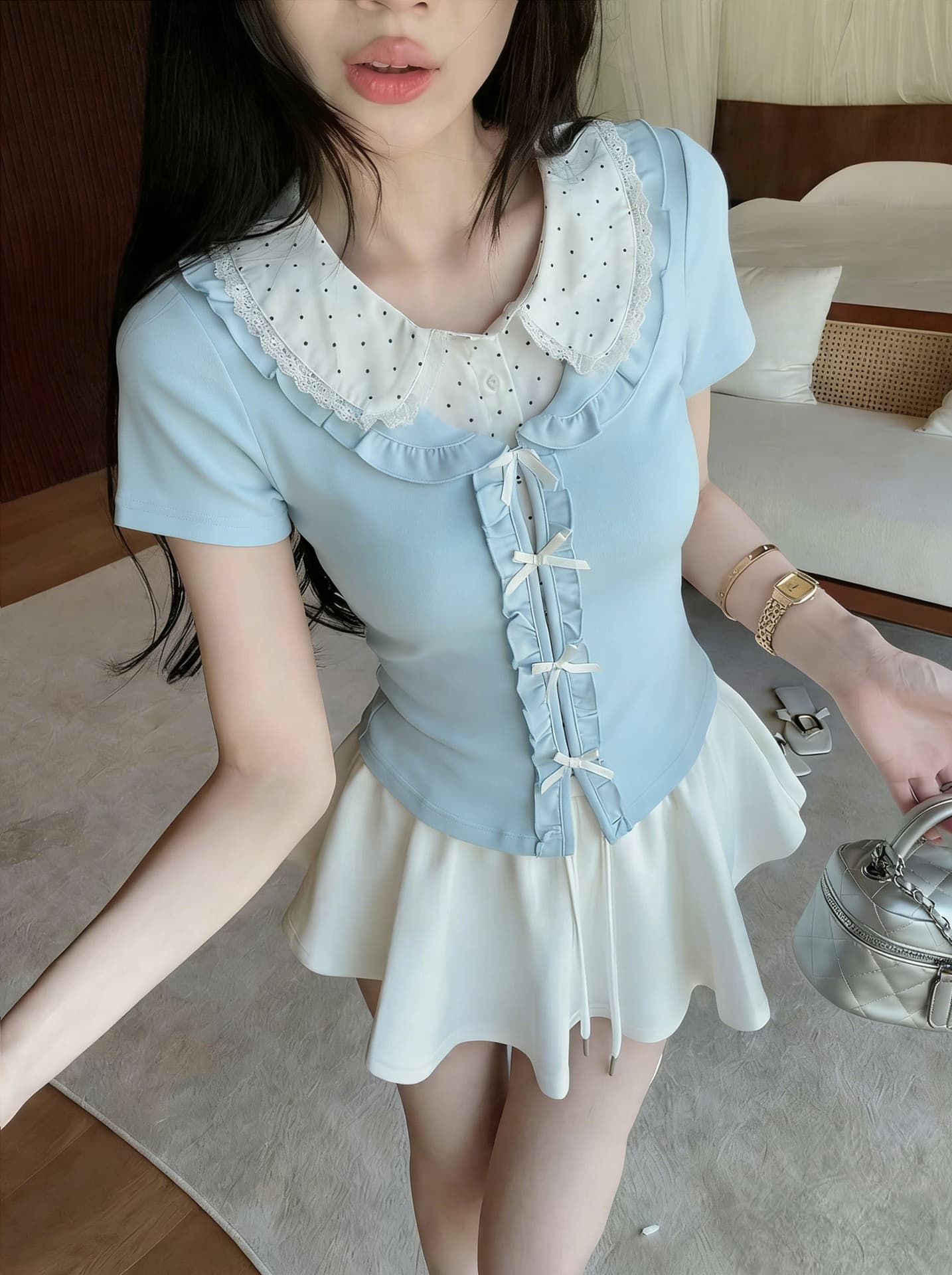 실사 새로운 학원 스타일 디자인 센스 페이크 레이어드 반팔 티셔츠 여성 몸매 가꾸기 쇼트 스타일 꽃무늬 베이비 칼라 맨위 상세 이미지 11