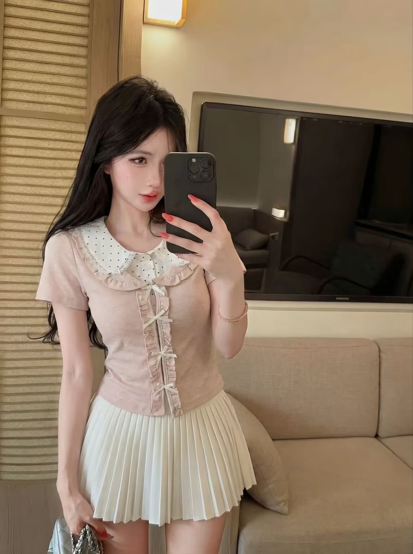 실사 새로운 학원 스타일 디자인 센스 페이크 레이어드 반팔 티셔츠 여성 몸매 가꾸기 쇼트 스타일 꽃무늬 베이비 칼라 맨위 상세 이미지 21