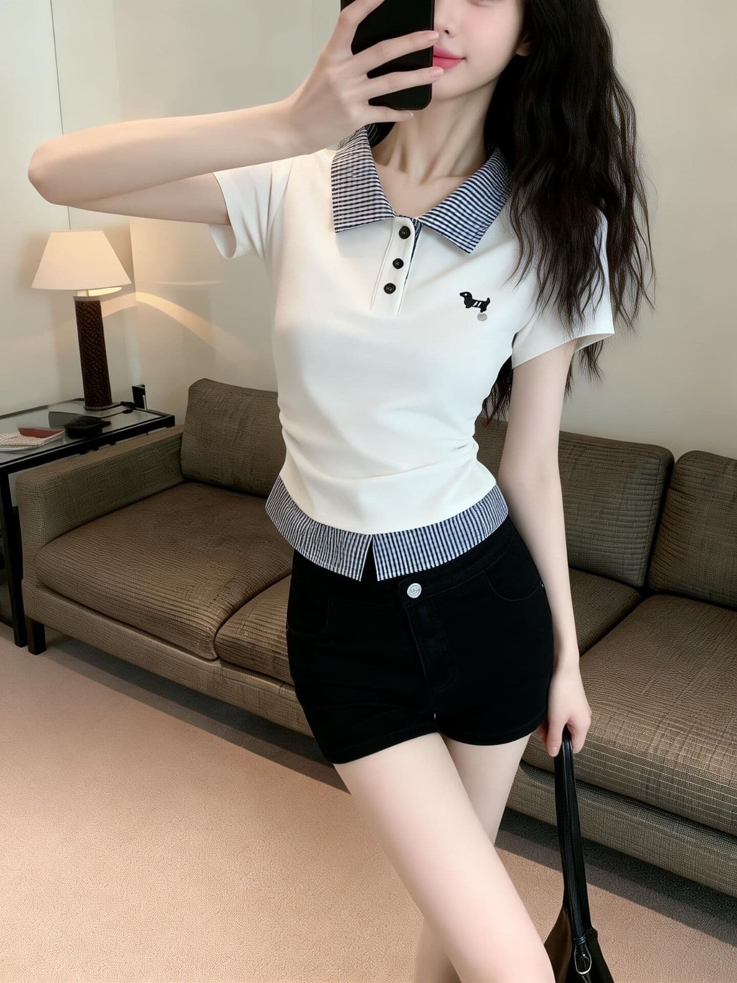 실사 새로운 배색 POLO 셔츠 체크무늬 패치워크 페이크 레이어드 아름다운 자수 달콤한 매운맛 몸매 가꾸기 반팔 티셔츠 여성 상세 이미지 1