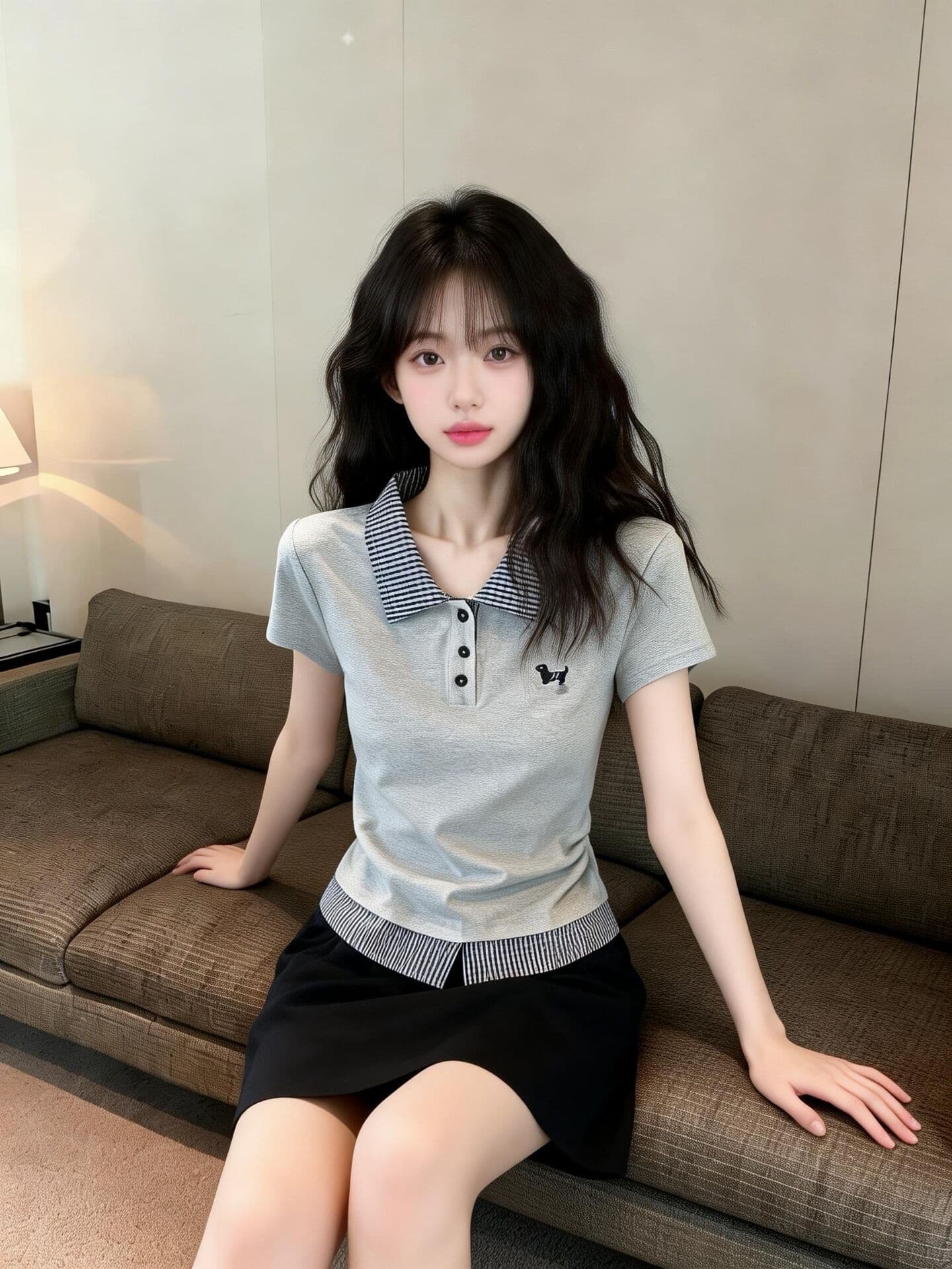 실사 새로운 배색 POLO 셔츠 체크무늬 패치워크 페이크 레이어드 아름다운 자수 달콤한 매운맛 몸매 가꾸기 반팔 티셔츠 여성 상세 이미지 6