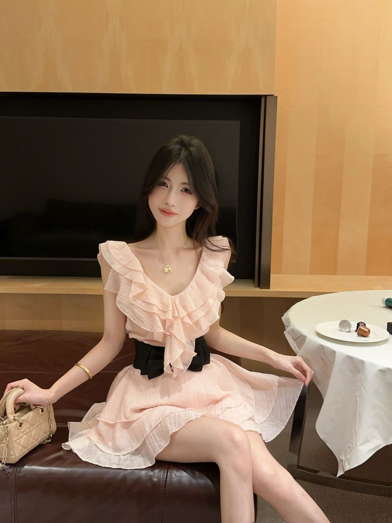 실사 새로운 천 골드 주간 실크 프릴 부드러운 휴가 바람 공주 케이크 드레스 벨트 여성 드레스 상세 이미지 6