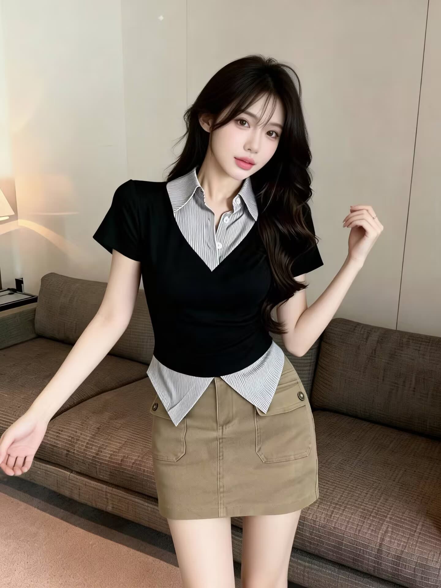 실사 새로운 디자인 센스 작은 대중 셔츠 칼라 페이크 레이어드 패치워크 반팔 품격 연령 감소 티셔츠 맨위 여성 이미지 5