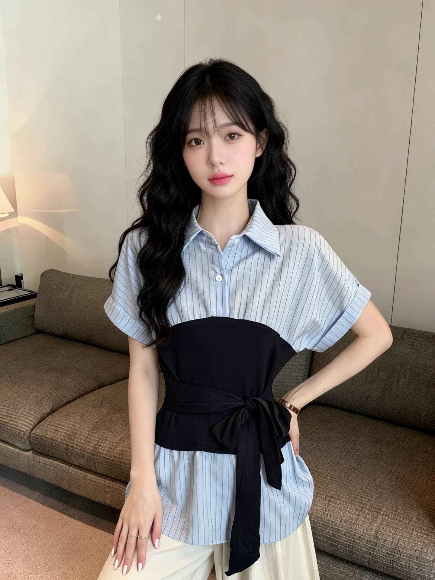 실사 새로운 배색 스트라이프 패치워크 스트랩 페이크 레이어드 한국 스타일 품격 슬림해 보이는 반팔 셔츠 맨위 여성 이미지 4