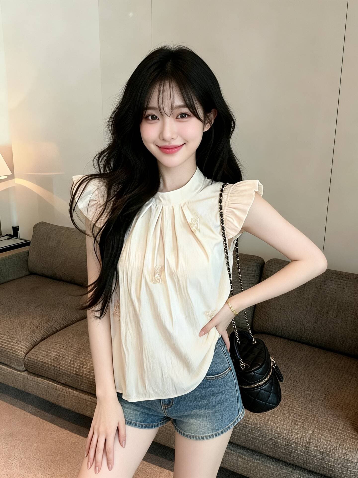 실사 새로운 자이언트 잘 생긴 품격 프랑스식 나비 디자인 센스 프릴 Feifei 소매 3 차원 여성 셔츠 이미지 4