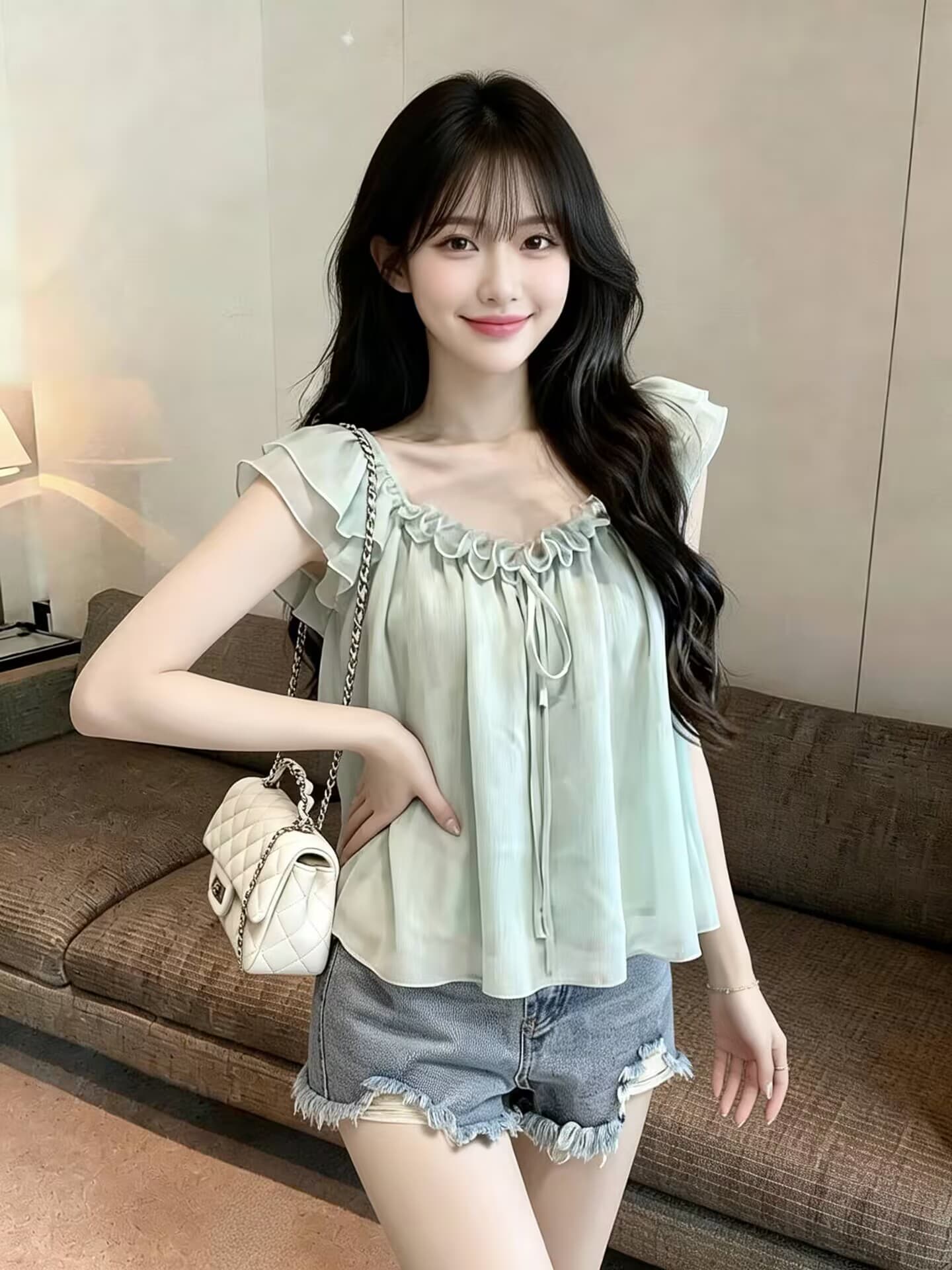 실사 새로운 순수한 욕망 핫걸 3 차원 꽃 프랑스식 작은 Feifei 소매 슬림해 보이는 다용도 풀오버 작은 셔츠 여성 상세 이미지 8