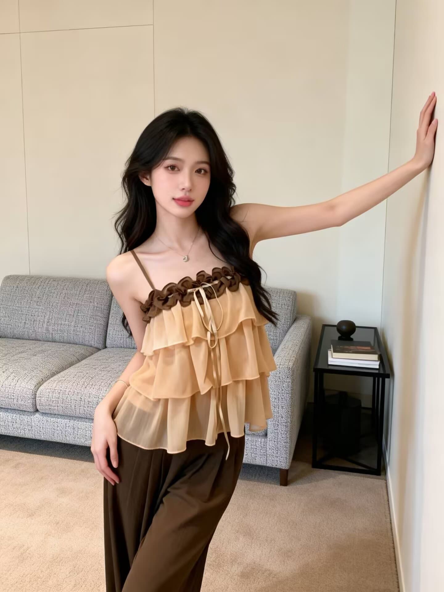 실사 새로운 달콤한 매운맛 튀김 거리 디자인 센스 핀치 Pleat 배색 다중 레이어 연꽃 잎 레이스 슬립 맨위 여성 상세 이미지 2