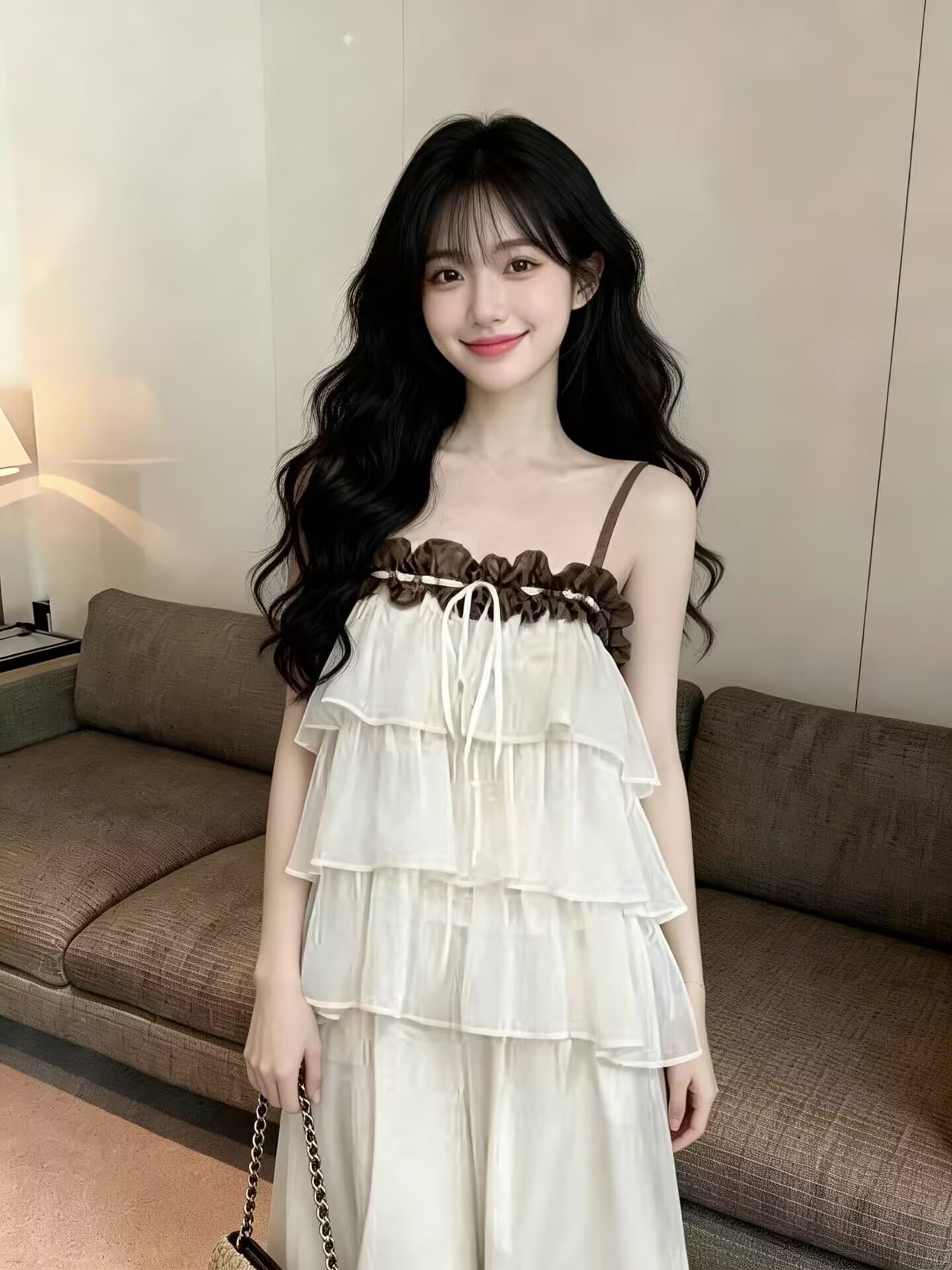 실사 새로운 달콤한 매운맛 튀김 거리 디자인 센스 핀치 Pleat 배색 다중 레이어 연꽃 잎 레이스 슬립 맨위 여성 상세 이미지 8
