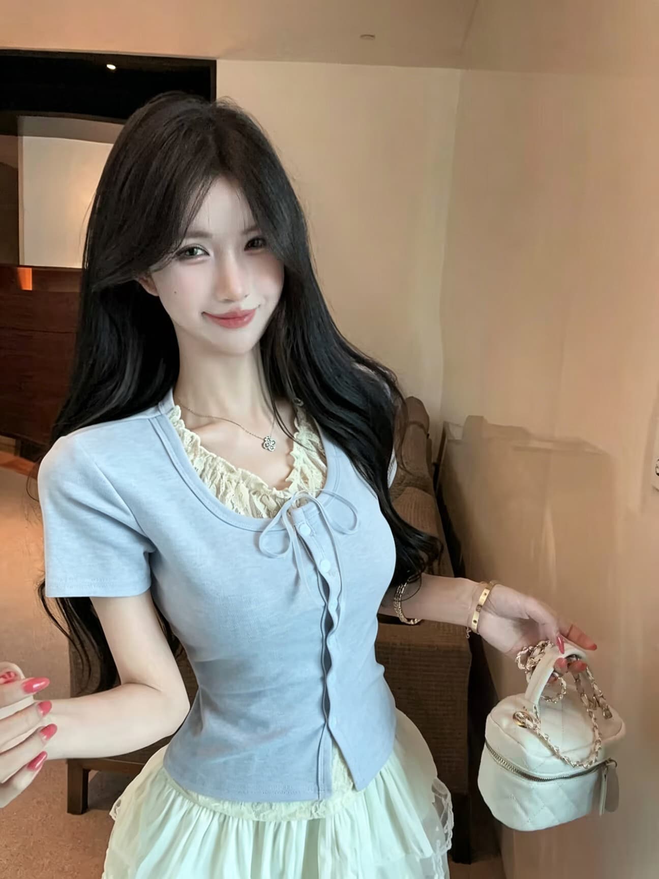 실사 새로운 순수한 욕망 핫걸 디자인 센스 페이크 레이어드 라운드 넥 나비 매듭 레이스 반팔 맨위 여성 이미지 3