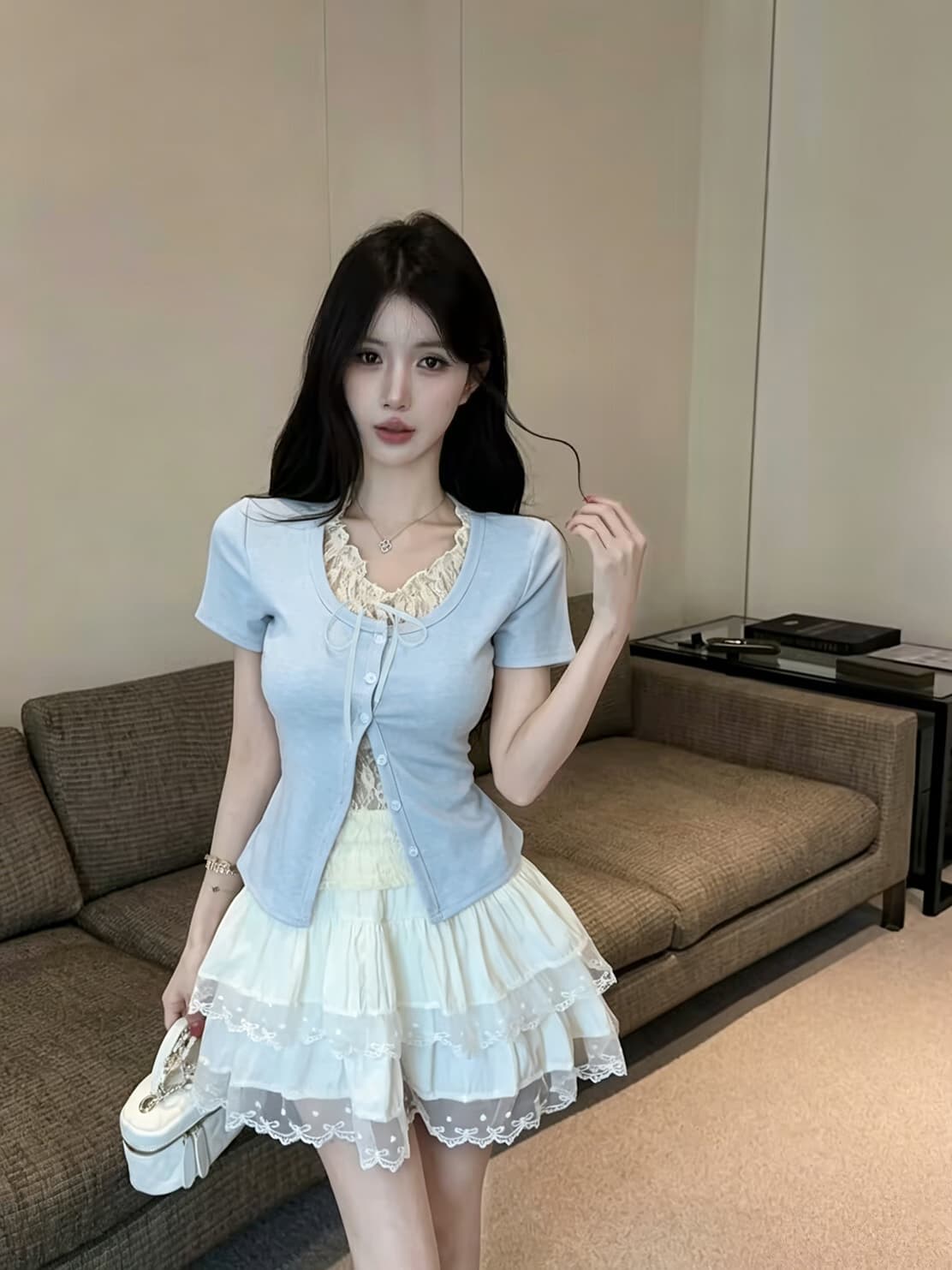 실사 새로운 순수한 욕망 핫걸 디자인 센스 페이크 레이어드 라운드 넥 나비 매듭 레이스 반팔 맨위 여성 상세 이미지 2