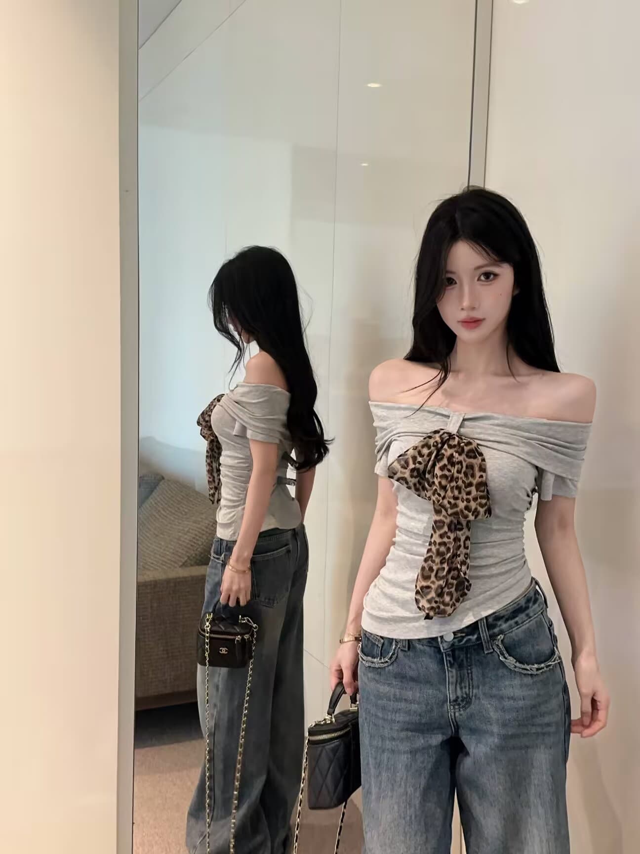 실사 새로운 순수한 욕망 핫걸 디자인 센스 오프숄더 몸매 가꾸기 Chic 반팔 티셔츠 맨위 여성 리본 상세 이미지 16
