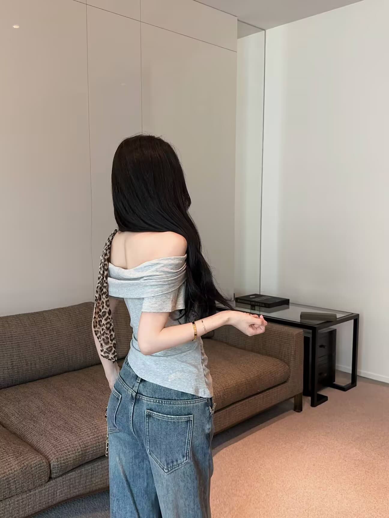 실사 새로운 순수한 욕망 핫걸 디자인 센스 오프숄더 몸매 가꾸기 Chic 반팔 티셔츠 맨위 여성 리본 상세 이미지 18