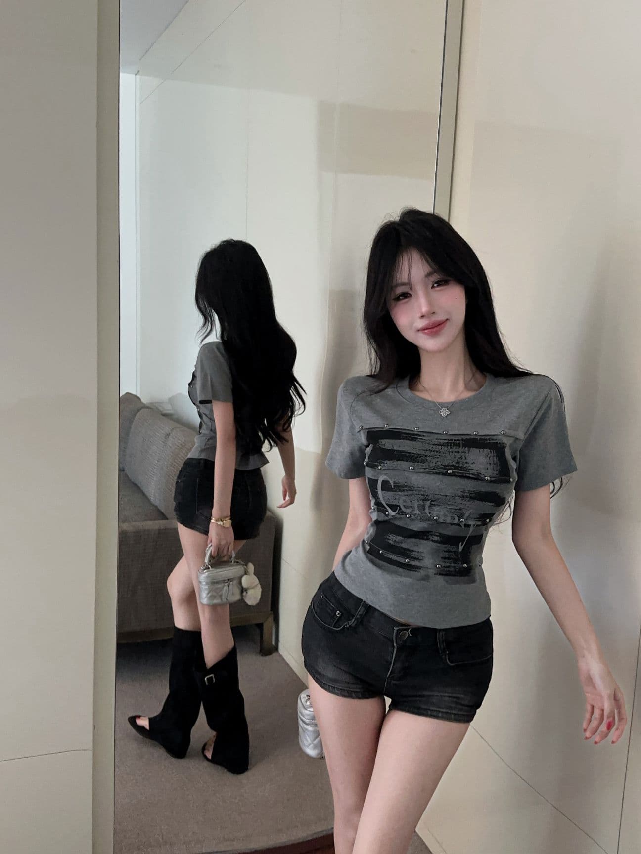 실사 새로운 고유 한 디자인 센스 수묵화 프린트 반팔 세련된 외국 가스 다용도 몸매 가꾸기 슬림해 보이는 맨위 여성 상세 이미지 13