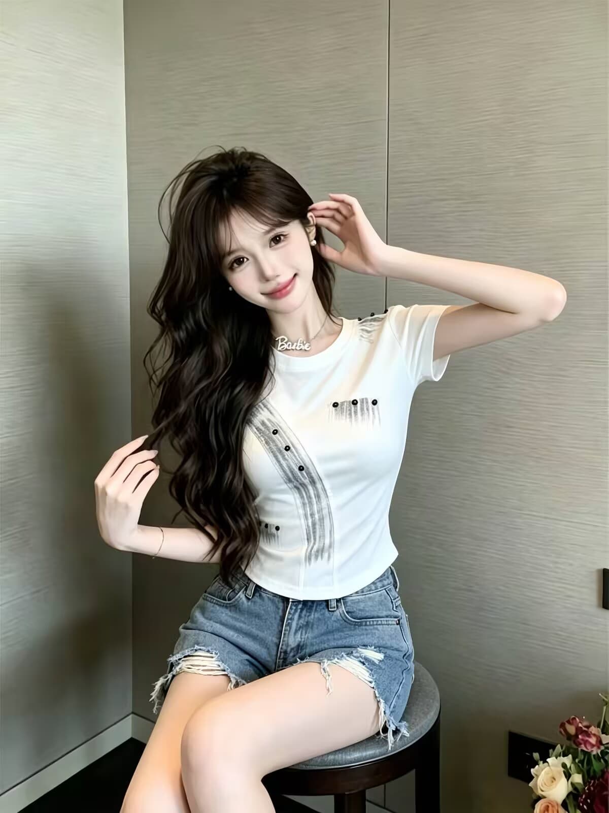 실사 새로운 자이언트 잘 생긴 디자인 센스 프린트 배색 몸매 가꾸기 반팔 핫걸 쇼트 스타일 품격 티셔츠 맨위 여성 상세 이미지 3
