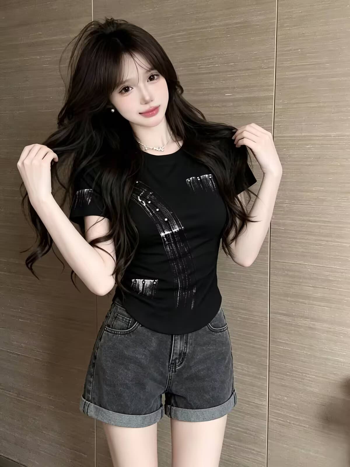 실사 새로운 자이언트 잘 생긴 디자인 센스 프린트 배색 몸매 가꾸기 반팔 핫걸 쇼트 스타일 품격 티셔츠 맨위 여성 상세 이미지 7