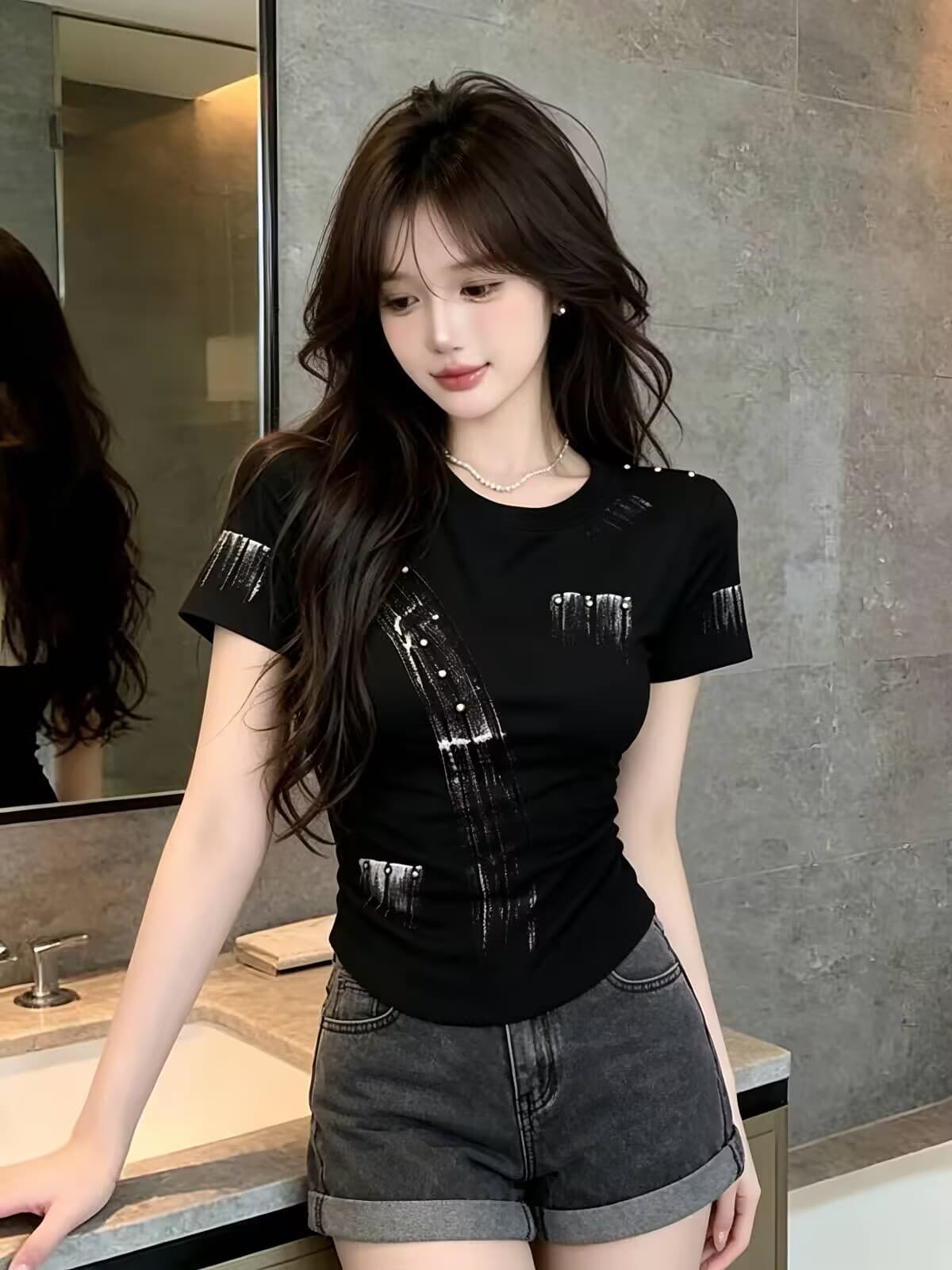실사 새로운 자이언트 잘 생긴 디자인 센스 프린트 배색 몸매 가꾸기 반팔 핫걸 쇼트 스타일 품격 티셔츠 맨위 여성 이미지 3