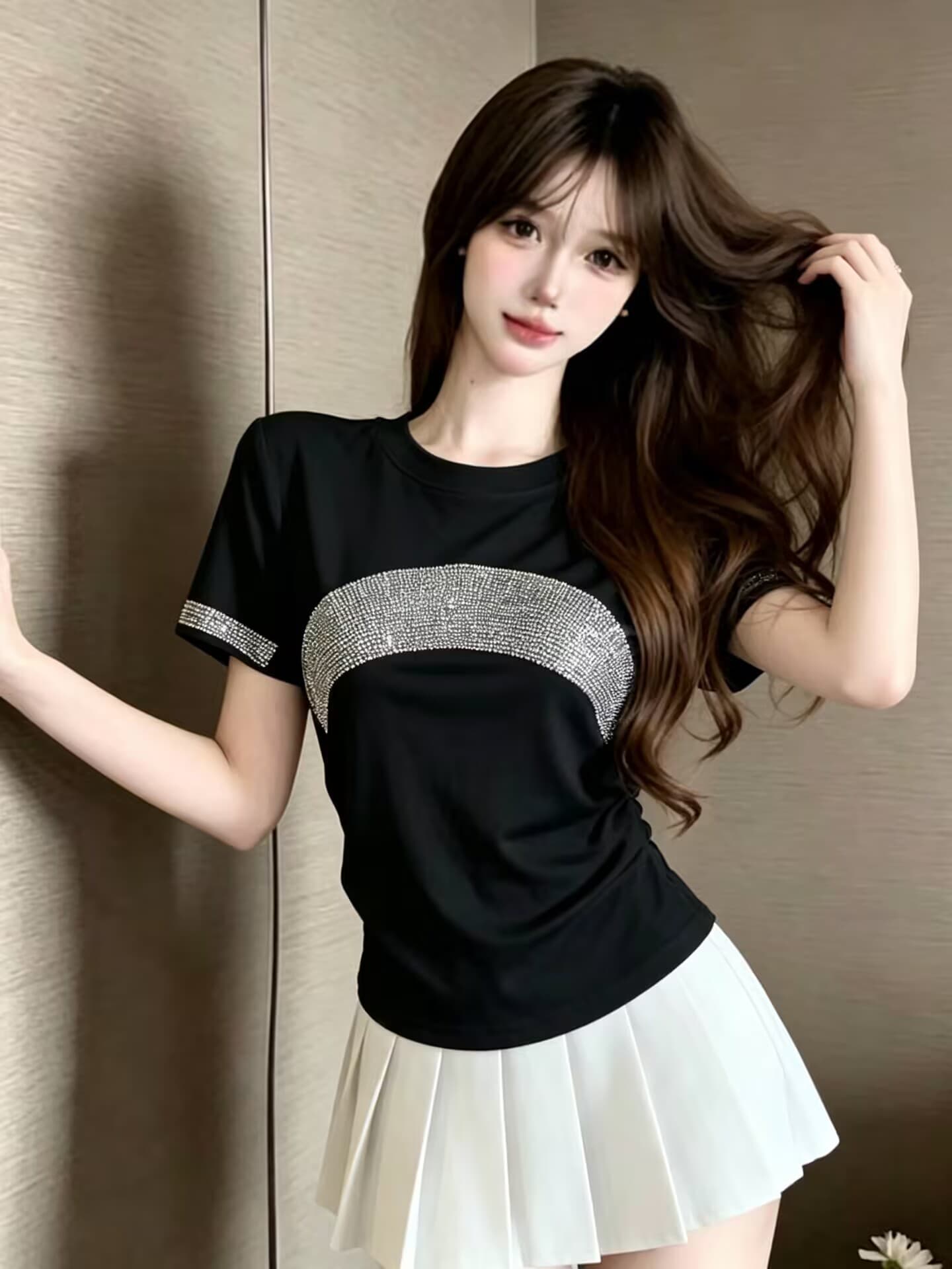 실사 새로운 고유 한 디자인 센스 문 핫픽스 반팔 세련된 외국 가스 다용도 몸매 가꾸기 슬림해 보이는 맨위 여성 상세 이미지 2