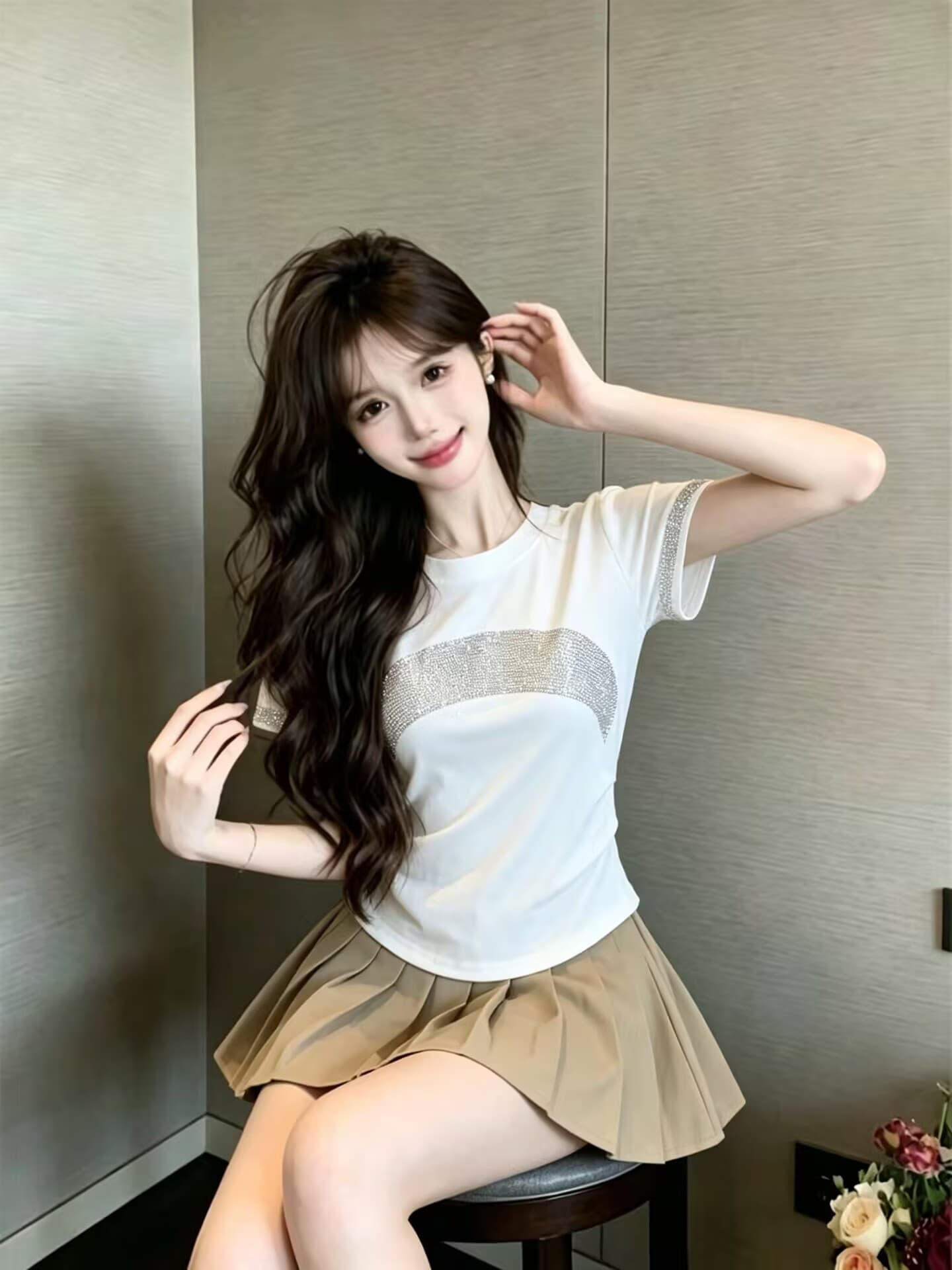 실사 새로운 고유 한 디자인 센스 문 핫픽스 반팔 세련된 외국 가스 다용도 몸매 가꾸기 슬림해 보이는 맨위 여성 상세 이미지 12