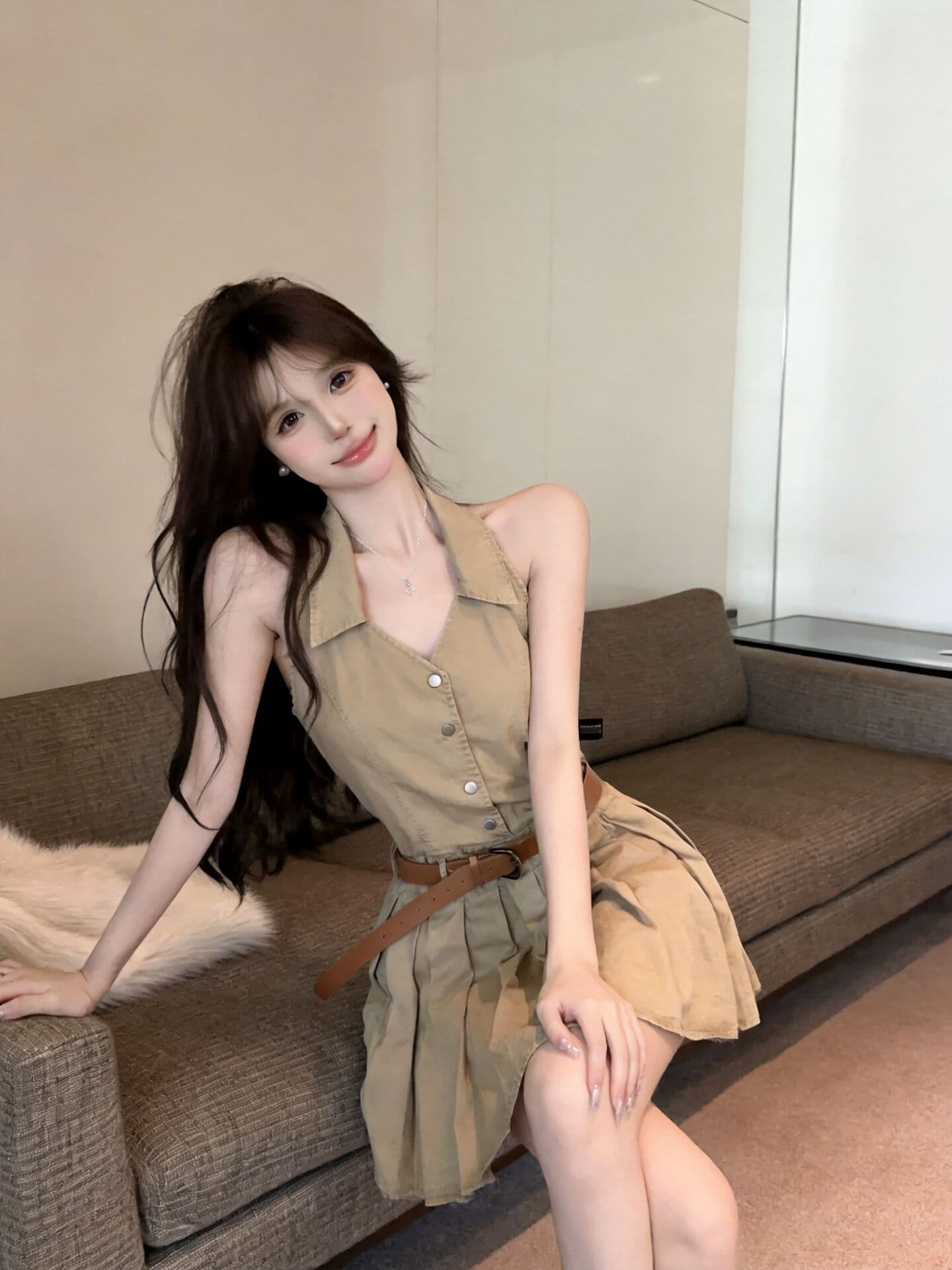 실사 새로운 핫걸 고유 한 디자인 센스 행침 목 오프숄더 허리 수축 조끼 데님 여성 드레스 벨트 상세 이미지 10