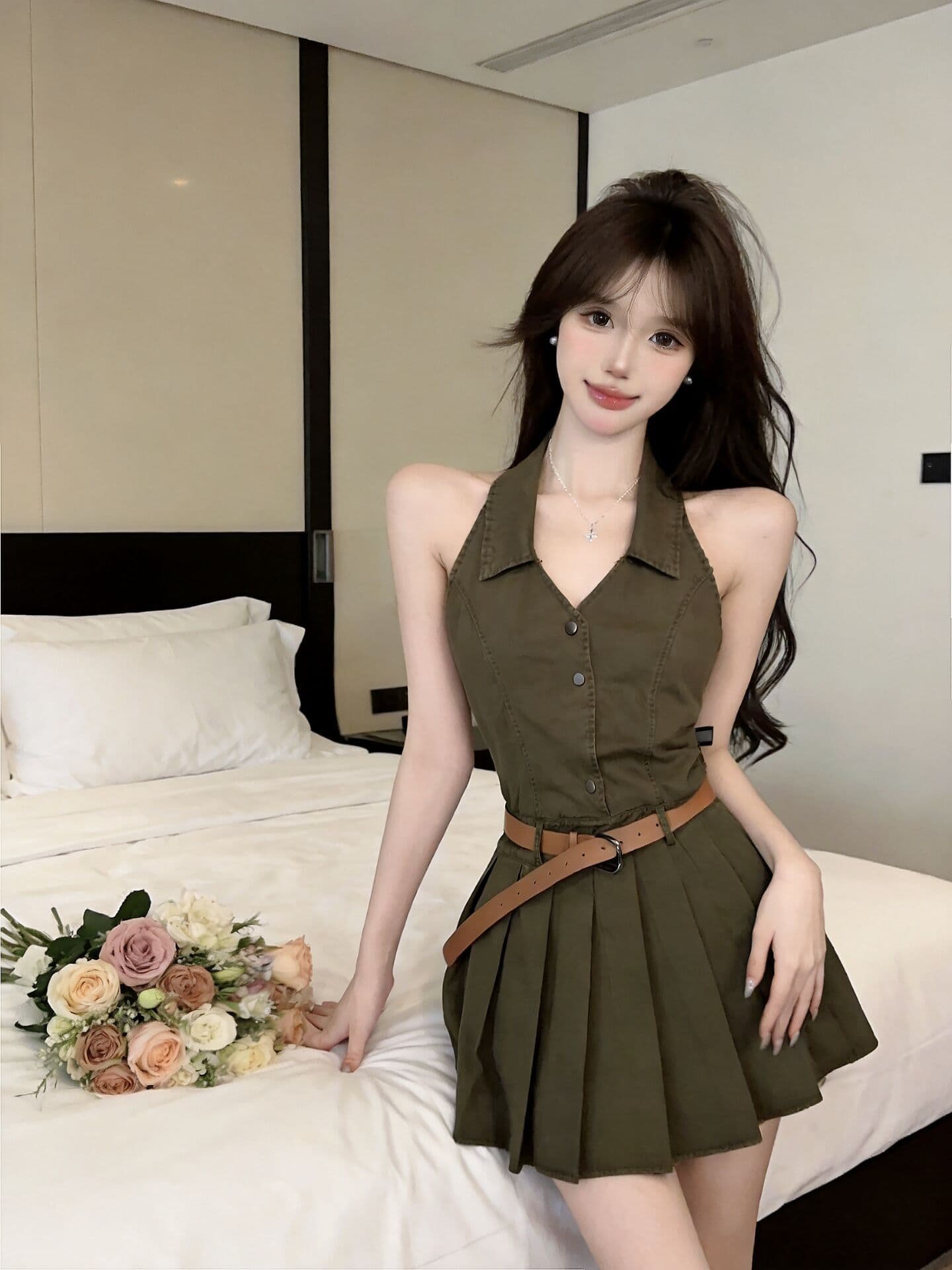 실사 새로운 핫걸 고유 한 디자인 센스 행침 목 오프숄더 허리 수축 조끼 데님 여성 드레스 벨트 이미지 2