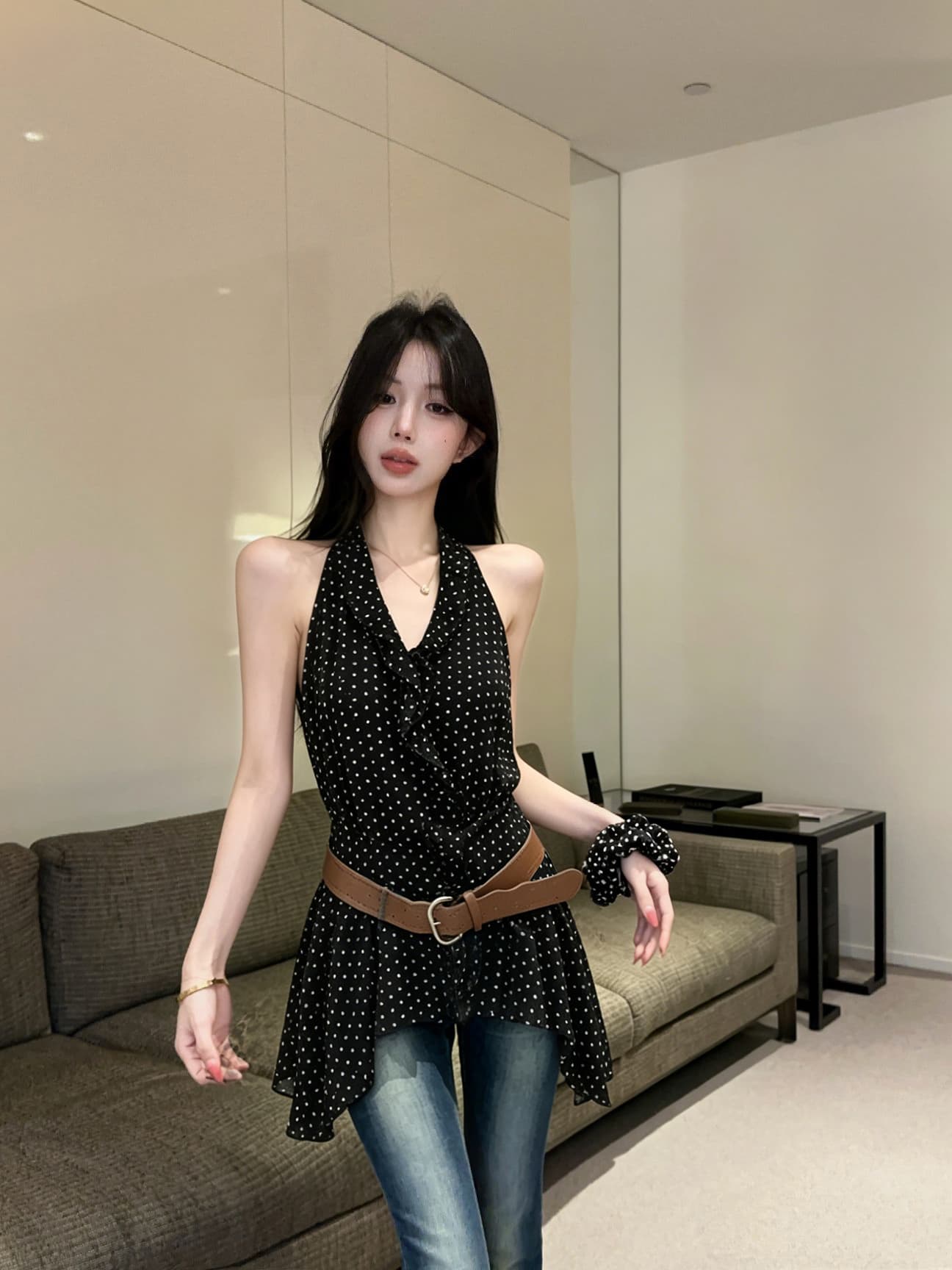 실사 새로운 핫걸 고유 한 디자인 센스 행침 목 오프숄더 레오파드 무늬 허리 수축 조끼 맨위 여성 헤드 플라워 벨트 상세 이미지 4