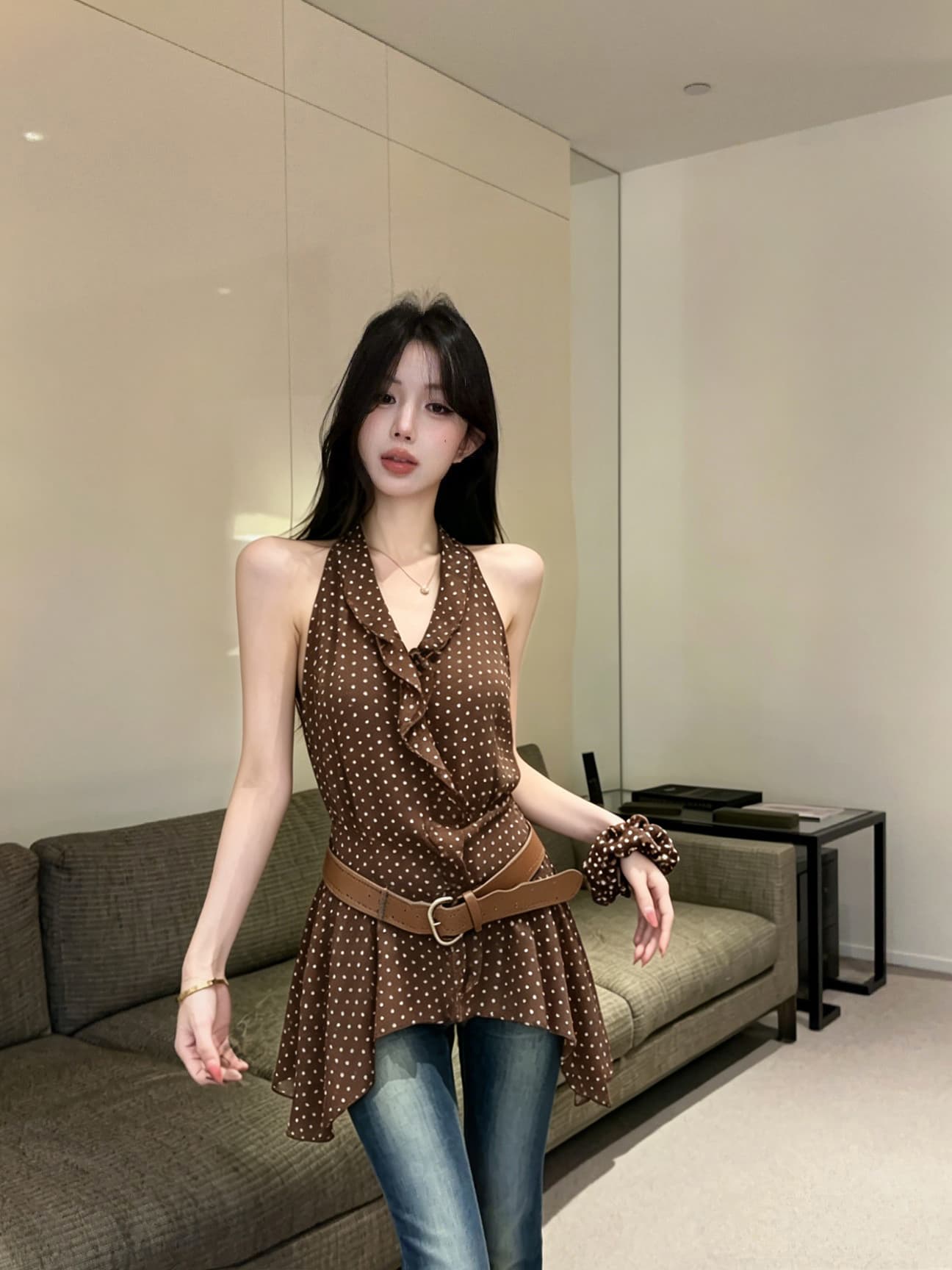 실사 새로운 핫걸 고유 한 디자인 센스 행침 목 오프숄더 레오파드 무늬 허리 수축 조끼 맨위 여성 헤드 플라워 벨트 상세 이미지 7