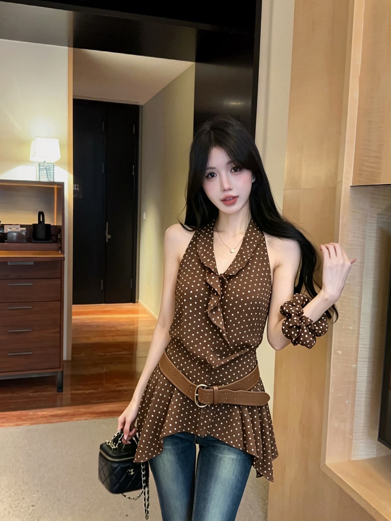 실사 새로운 핫걸 고유 한 디자인 센스 행침 목 오프숄더 레오파드 무늬 허리 수축 조끼 맨위 여성 헤드 플라워 벨트 상세 이미지 8