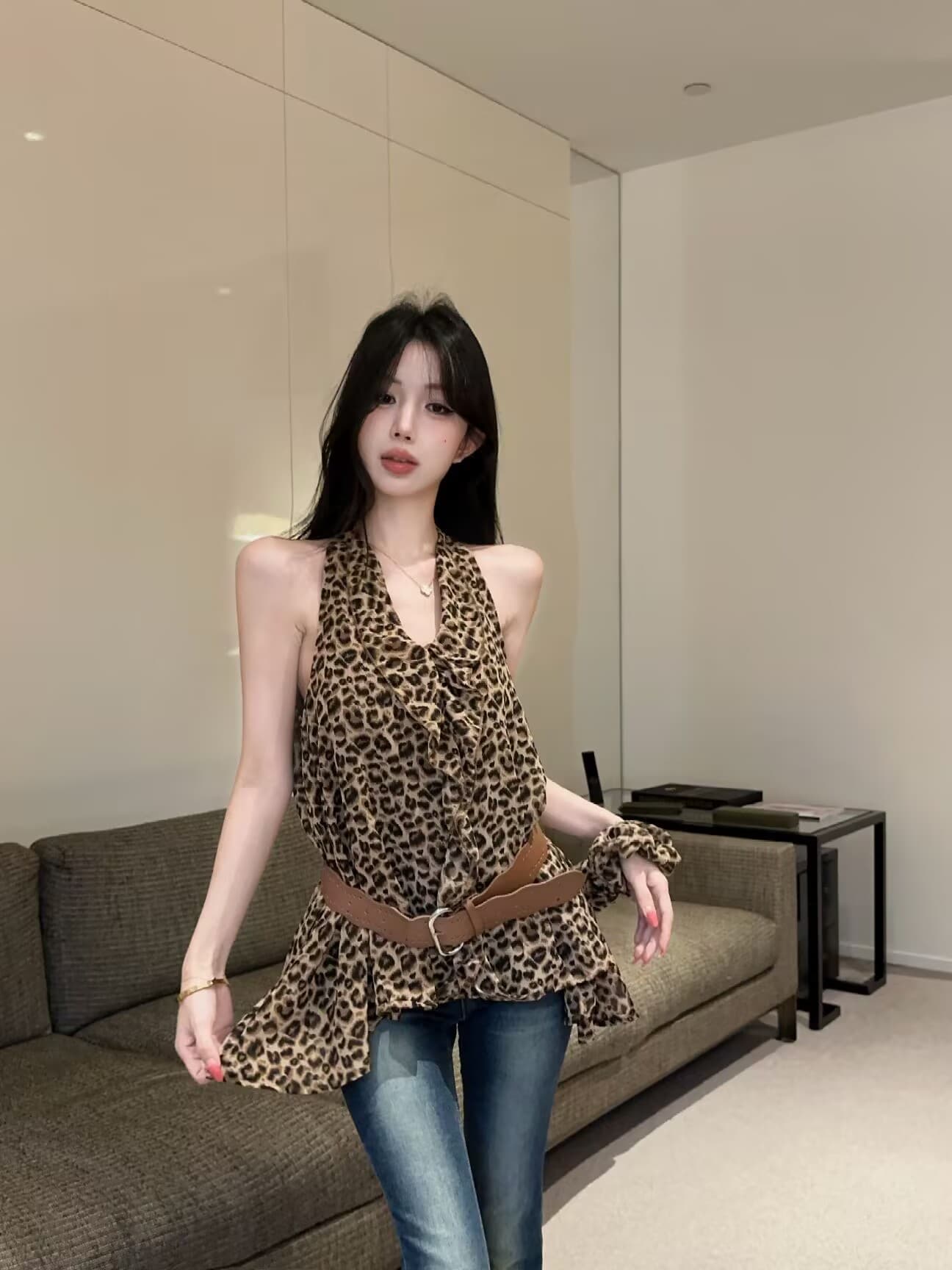 실사 새로운 핫걸 고유 한 디자인 센스 행침 목 오프숄더 레오파드 무늬 허리 수축 조끼 맨위 여성 헤드 플라워 벨트 이미지 2