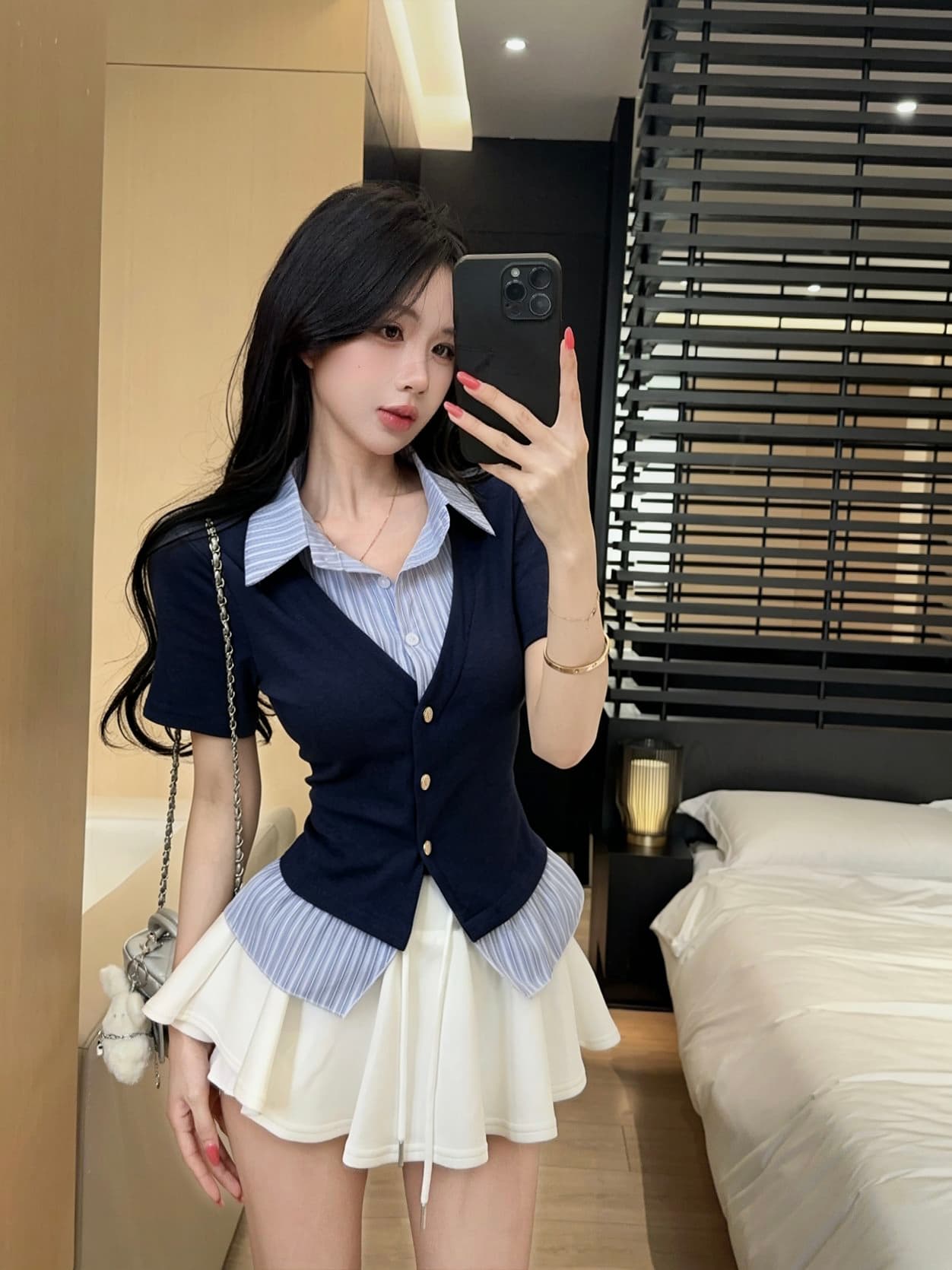 실사 새로운 디자인 센스 작은 대중 셔츠 칼라 페이크 레이어드 패치워크 반팔 품격 연령 감소 티셔츠 맨위 여성 상세 이미지 2