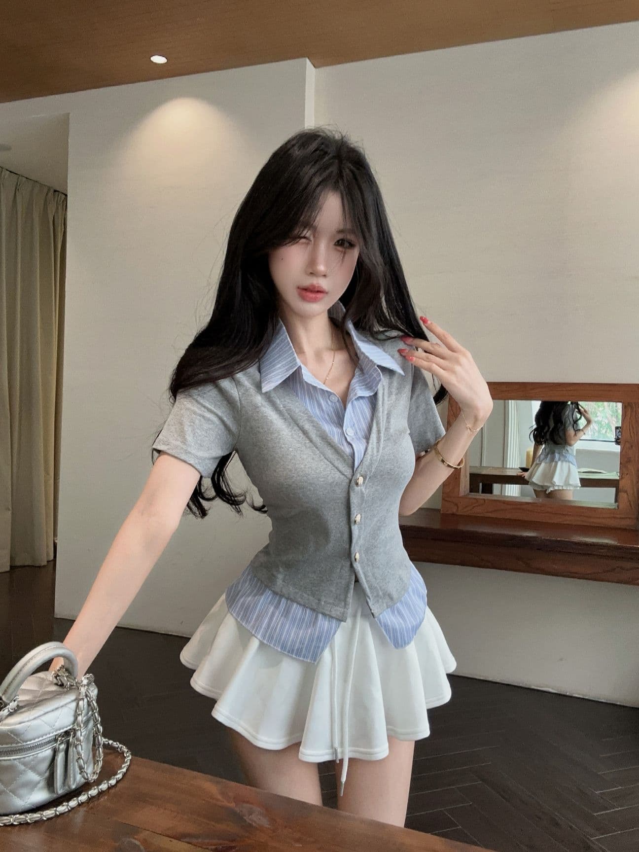 실사 새로운 디자인 센스 작은 대중 셔츠 칼라 페이크 레이어드 패치워크 반팔 품격 연령 감소 티셔츠 맨위 여성 상세 이미지 10