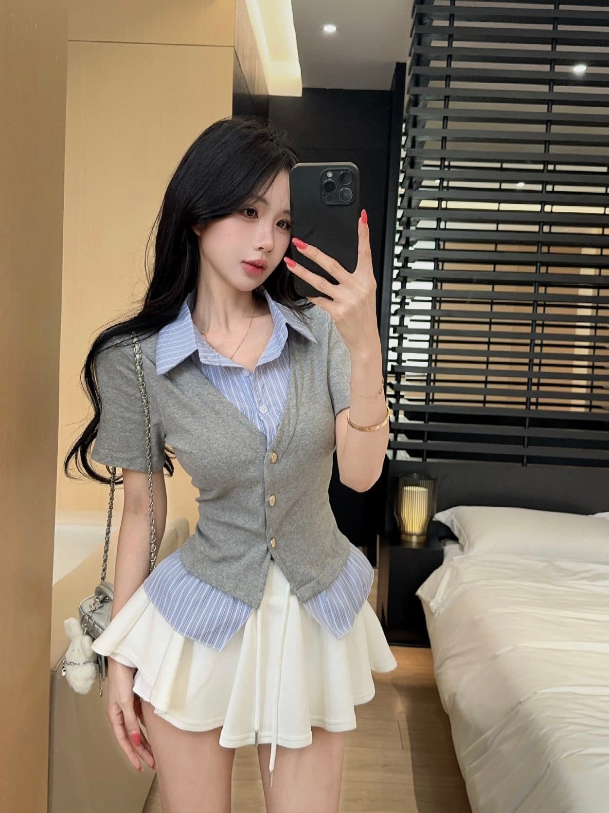 실사 새로운 디자인 센스 작은 대중 셔츠 칼라 페이크 레이어드 패치워크 반팔 품격 연령 감소 티셔츠 맨위 여성 상세 이미지 15