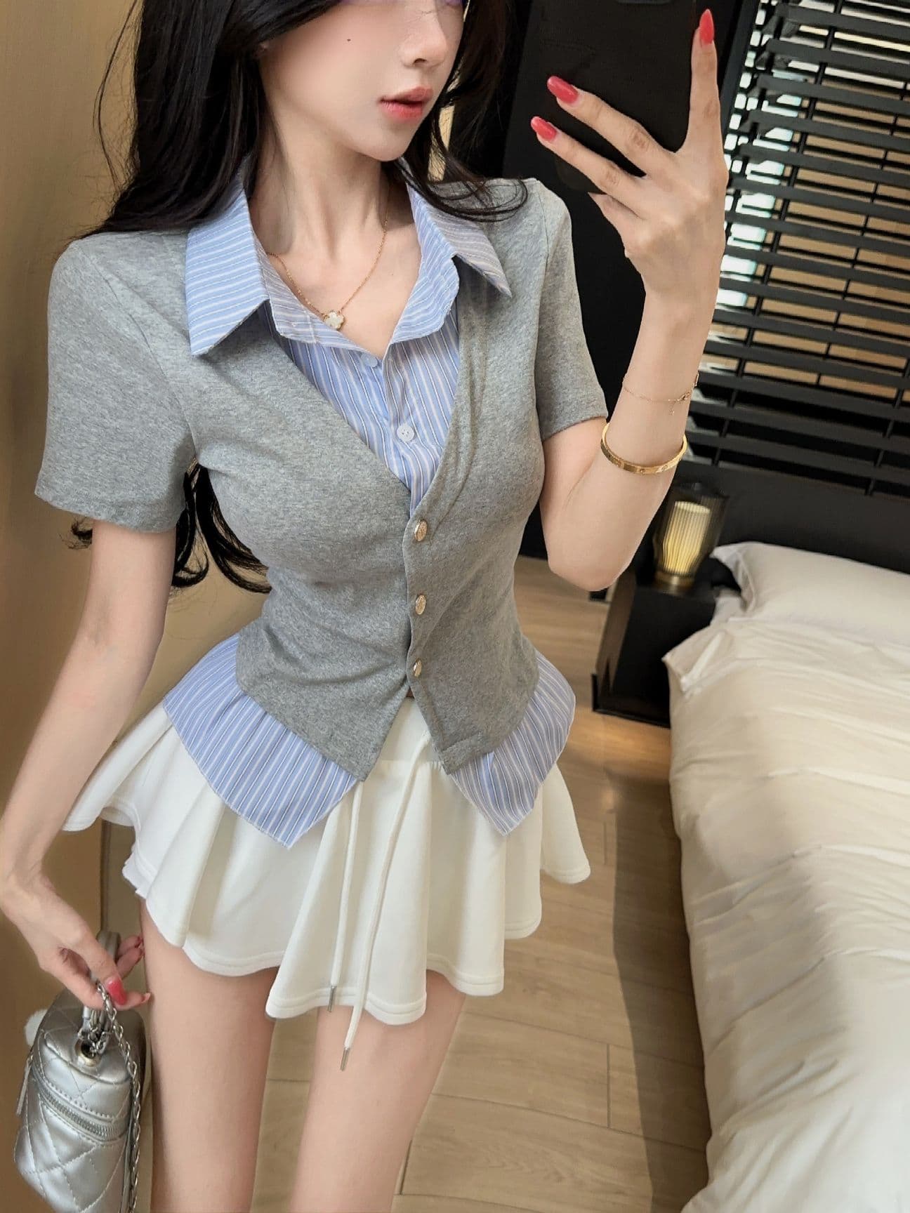 실사 새로운 디자인 센스 작은 대중 셔츠 칼라 페이크 레이어드 패치워크 반팔 품격 연령 감소 티셔츠 맨위 여성 상세 이미지 16