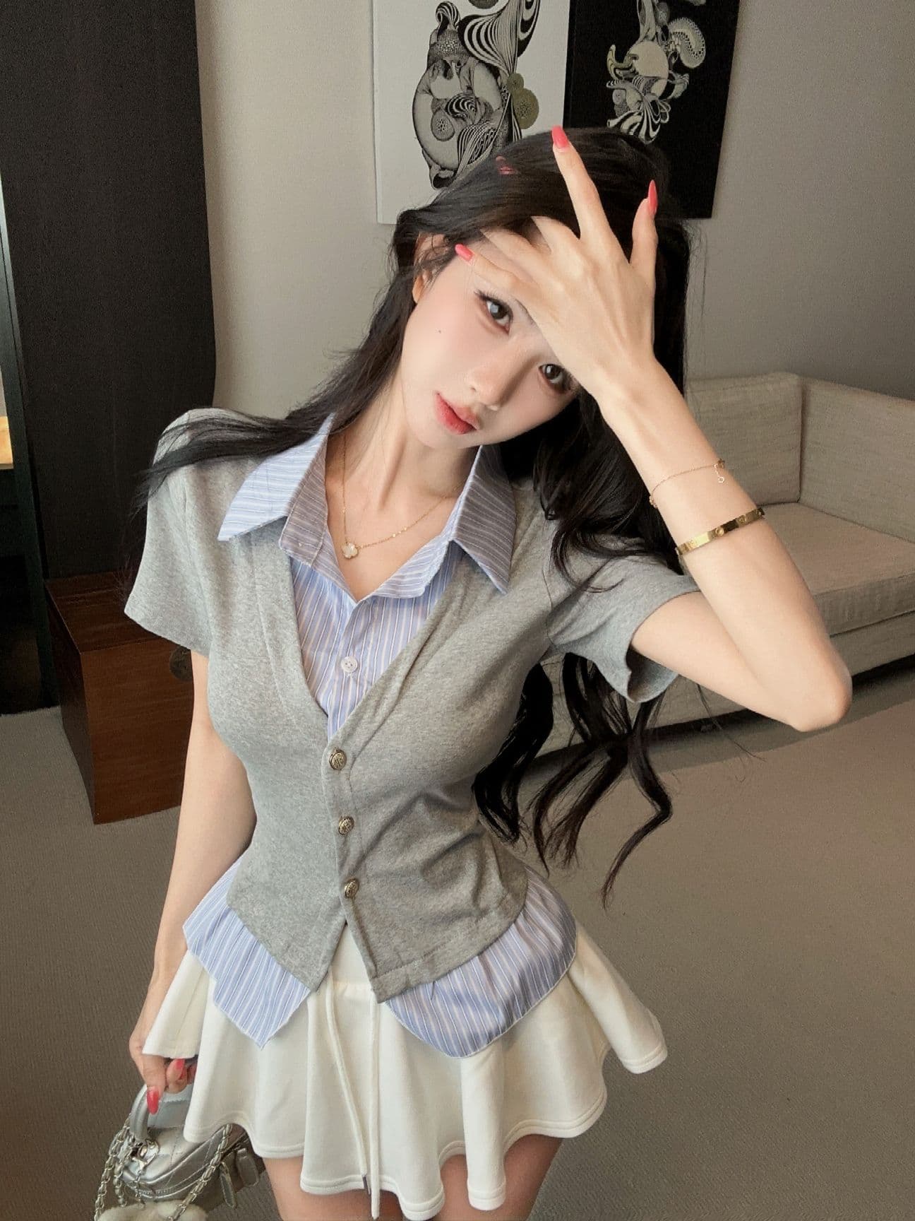 실사 새로운 디자인 센스 작은 대중 셔츠 칼라 페이크 레이어드 패치워크 반팔 품격 연령 감소 티셔츠 맨위 여성 상세 이미지 19
