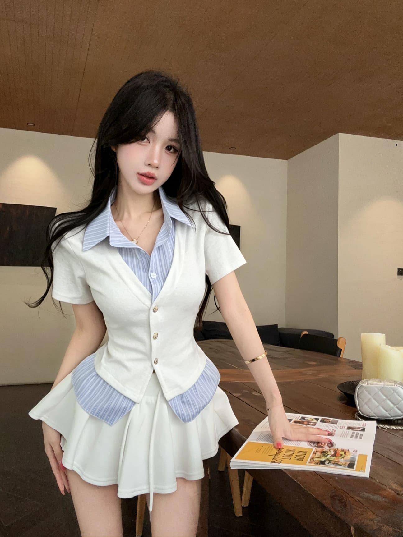 실사 새로운 디자인 센스 작은 대중 셔츠 칼라 페이크 레이어드 패치워크 반팔 품격 연령 감소 티셔츠 맨위 여성 이미지 4