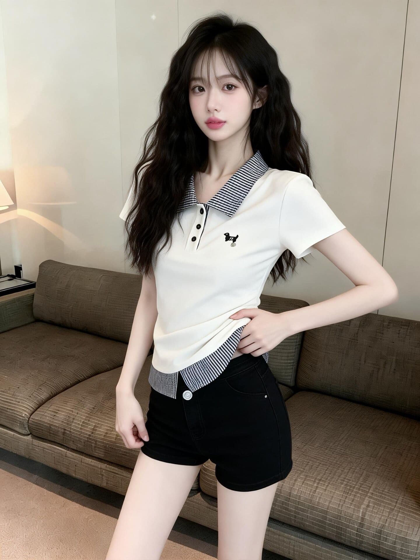 실사 새로운 배색 POLO 셔츠 체크무늬 패치워크 페이크 레이어드 아름다운 자수 달콤한 매운맛 몸매 가꾸기 반팔 티셔츠 여성 상세 이미지 8