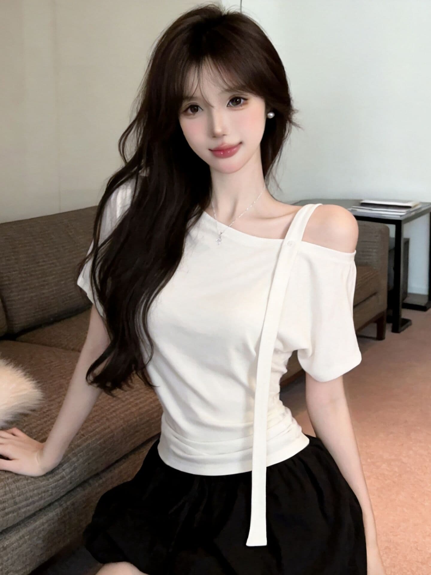 실사 새로운 핫걸 순수한 욕망 디자인 센스 스트랩 홀로우 아웃 비스듬한 어깨 몸매 가꾸기 반팔 기본 셔츠 맨위 여성 상세 이미지 7